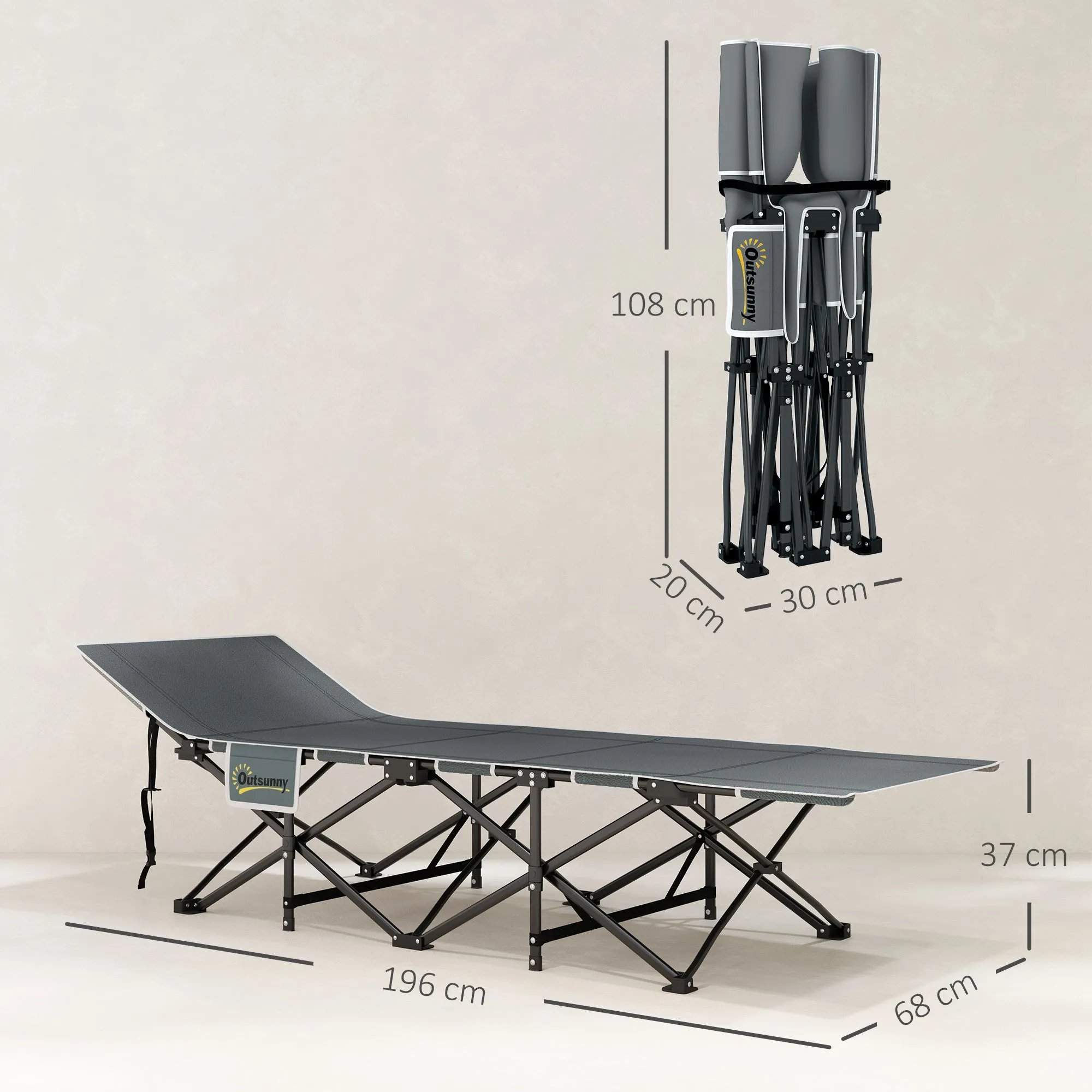 Folding Camping Cot with Inclined Headrest and Removable Mattress, 196x68x37 cm, Black - Image 3