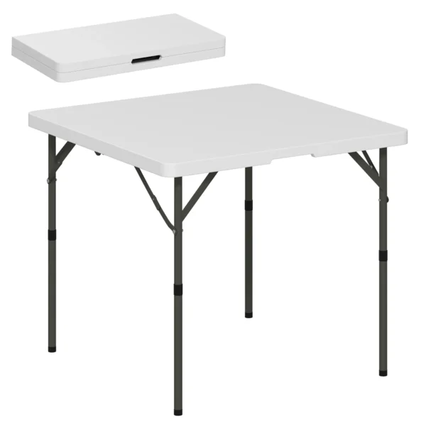 Folding Camping Table with 2 Adjustable Heights in HDPE and Metal, 86x86x74 cm, White