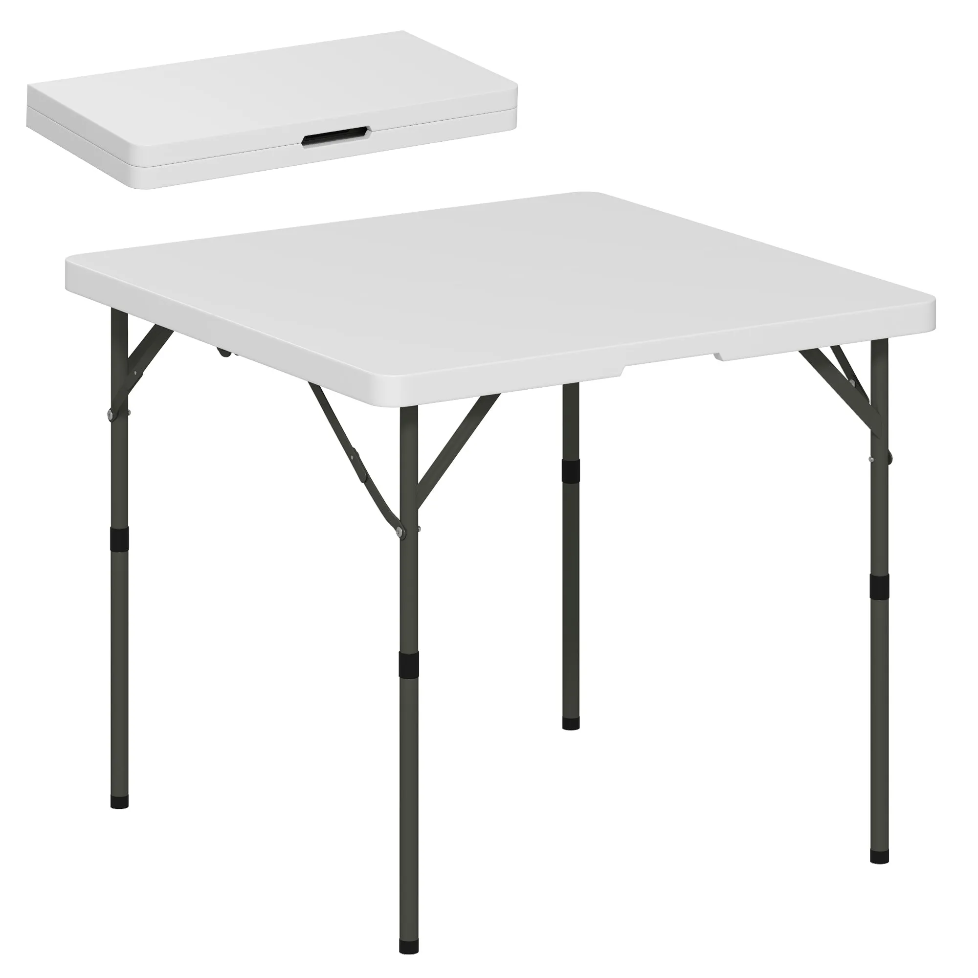 Folding Camping Table with 2 Adjustable Heights in HDPE and Metal, 86x86x74 cm, White