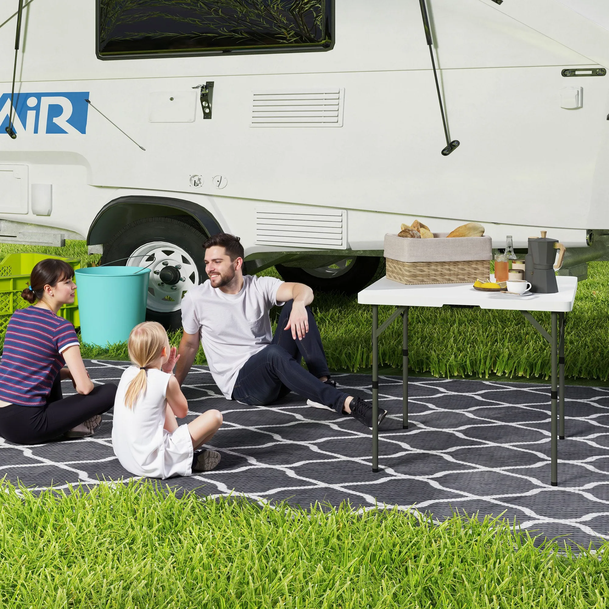 Folding Camping Table with 2 Adjustable Heights in HDPE and Metal, 86x86x74 cm, White - Image 2
