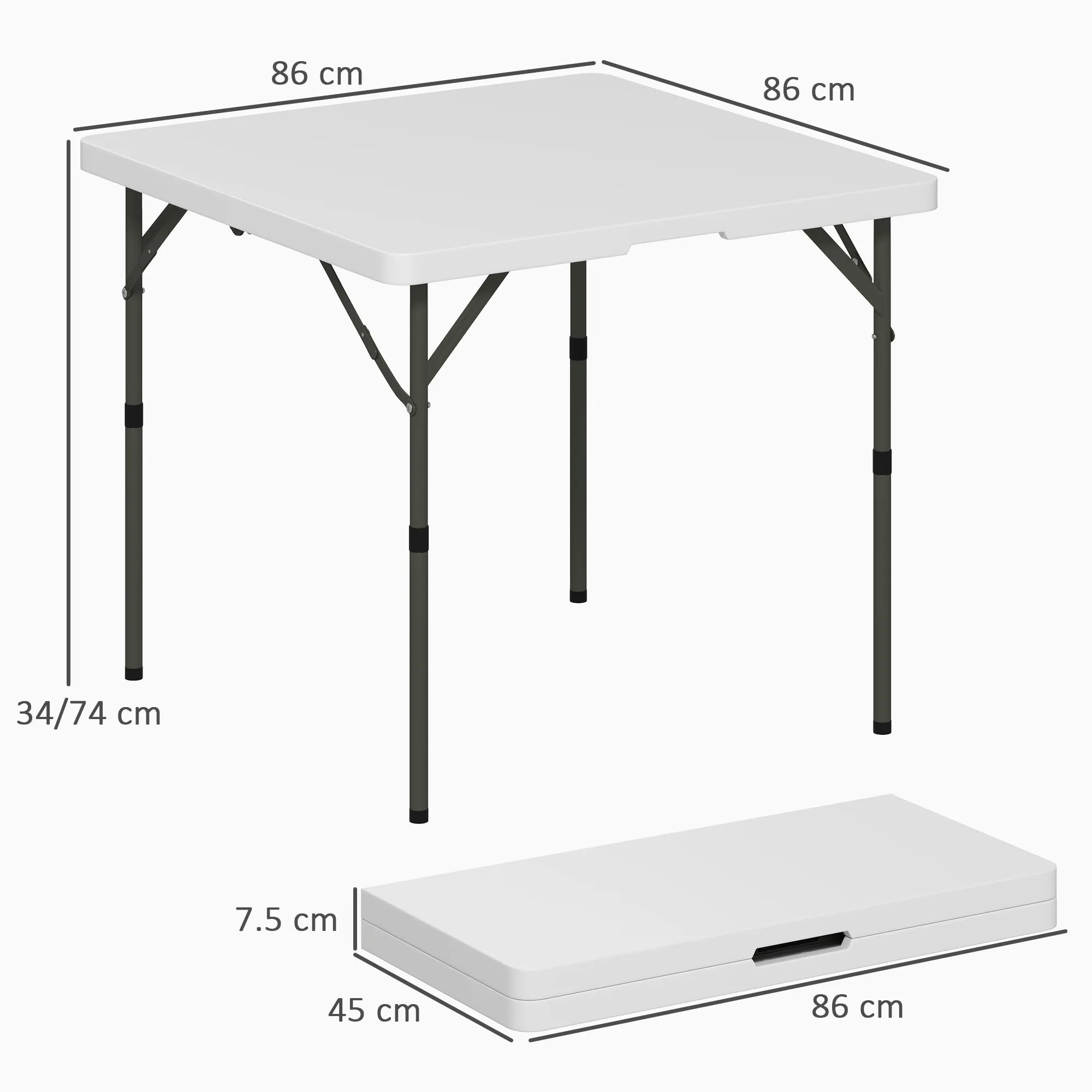Folding Camping Table with 2 Adjustable Heights in HDPE and Metal, 86x86x74 cm, White - Image 3