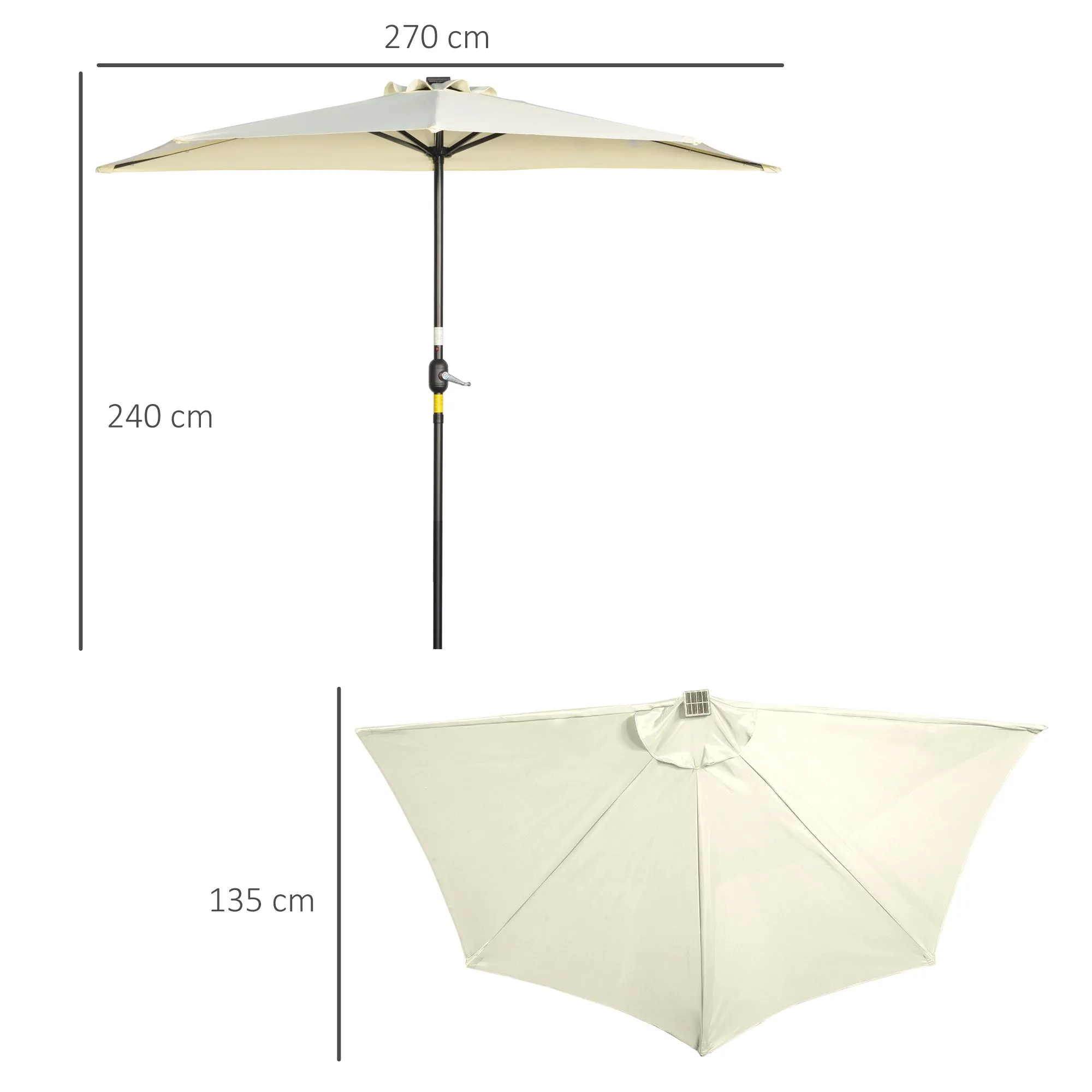Semicircular Umbrella with Crank, 20 LED Lights and Solar Panel, 265x135x240 cm, Beige - Image 3