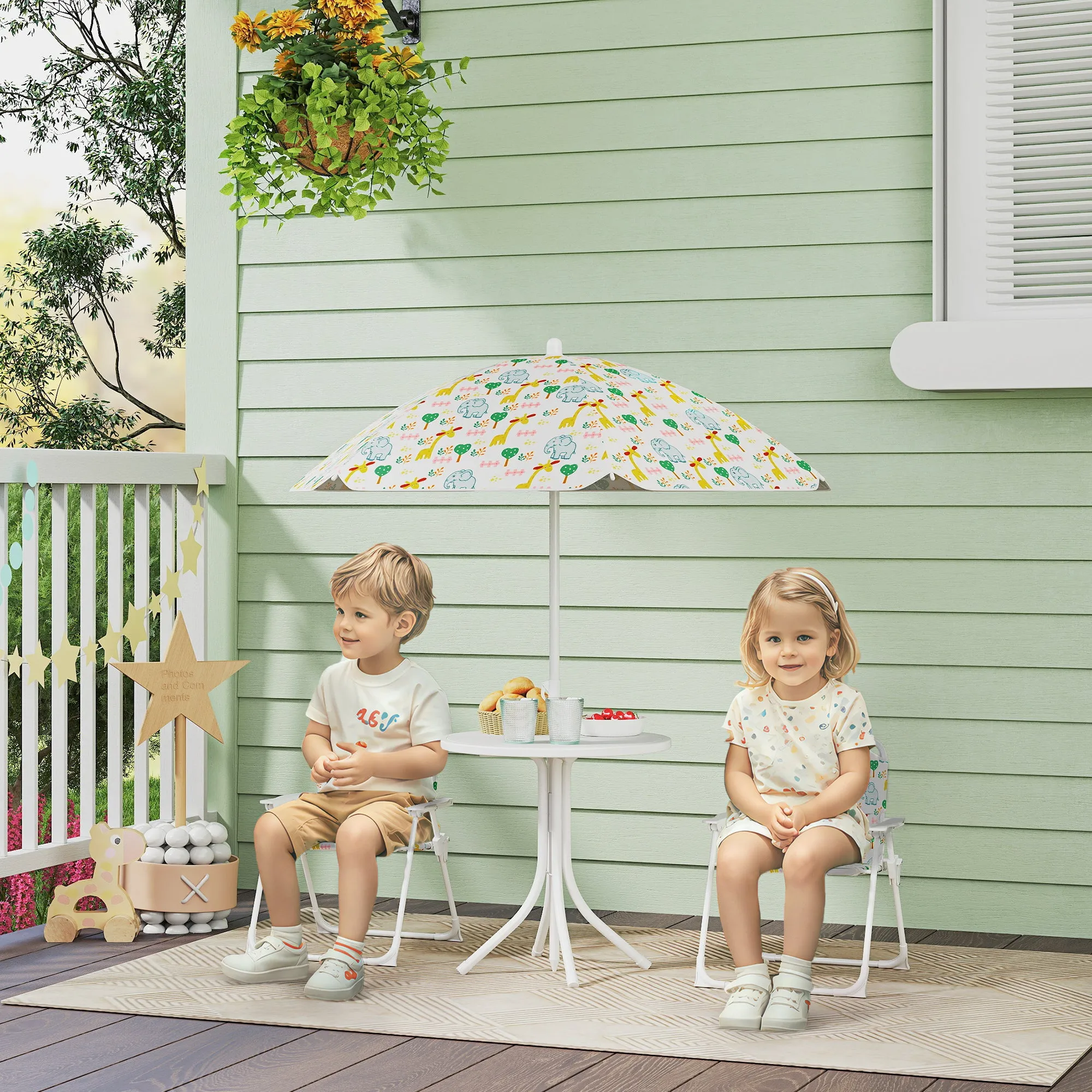 Garden Set for Children 2-5 Years with Round Table, 2 Folding Chairs and a Parasol, White - Image 2