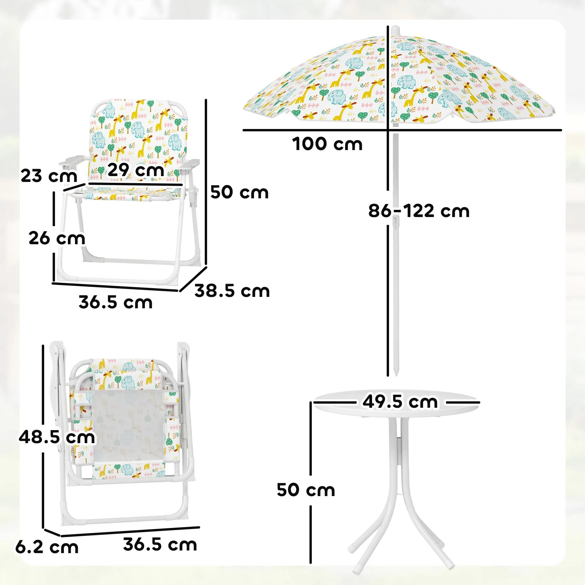 Garden Set for Children 2-5 Years with Round Table, 2 Folding Chairs and a Parasol, White - Image 3