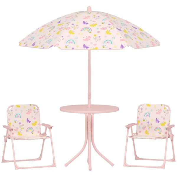 Garden Set for Children 2-5 Years with Round Table, 2 Folding Chairs and a Umbrella, Pink