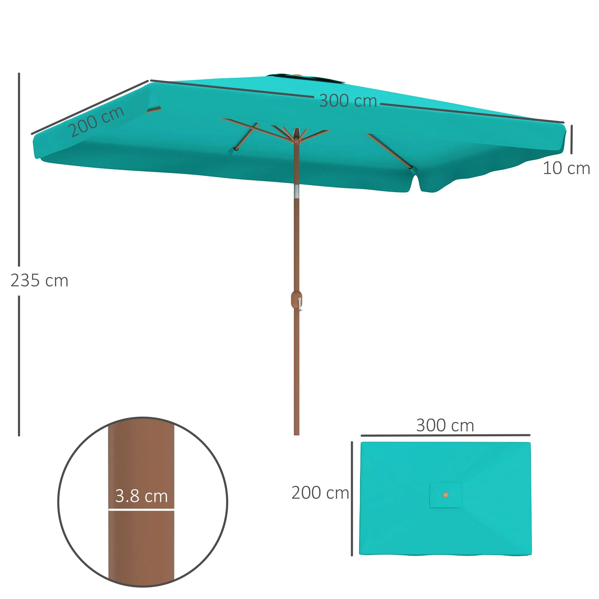 Garden Umbrella 2x3 m with Crank Opening, Tilting and Anti UV 50+, Turquoise - Image 3