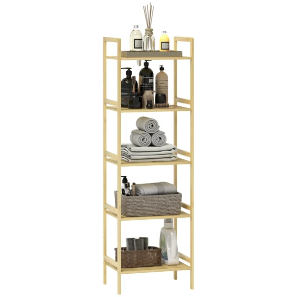 Bathroom Shelf with 5 Height-Adjustable Shelves in Bamboo, 43.5x31.5x142 cm, Natural Wood