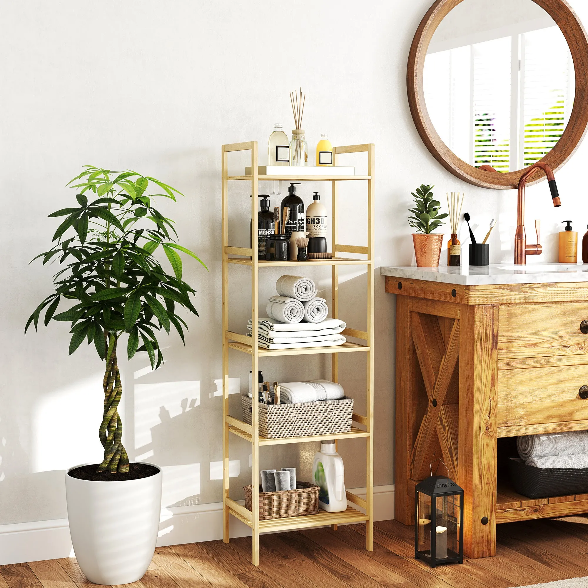 Bathroom Shelf with 5 Height-Adjustable Shelves in Bamboo, 43.5x31.5x142 cm, Natural Wood - Image 2