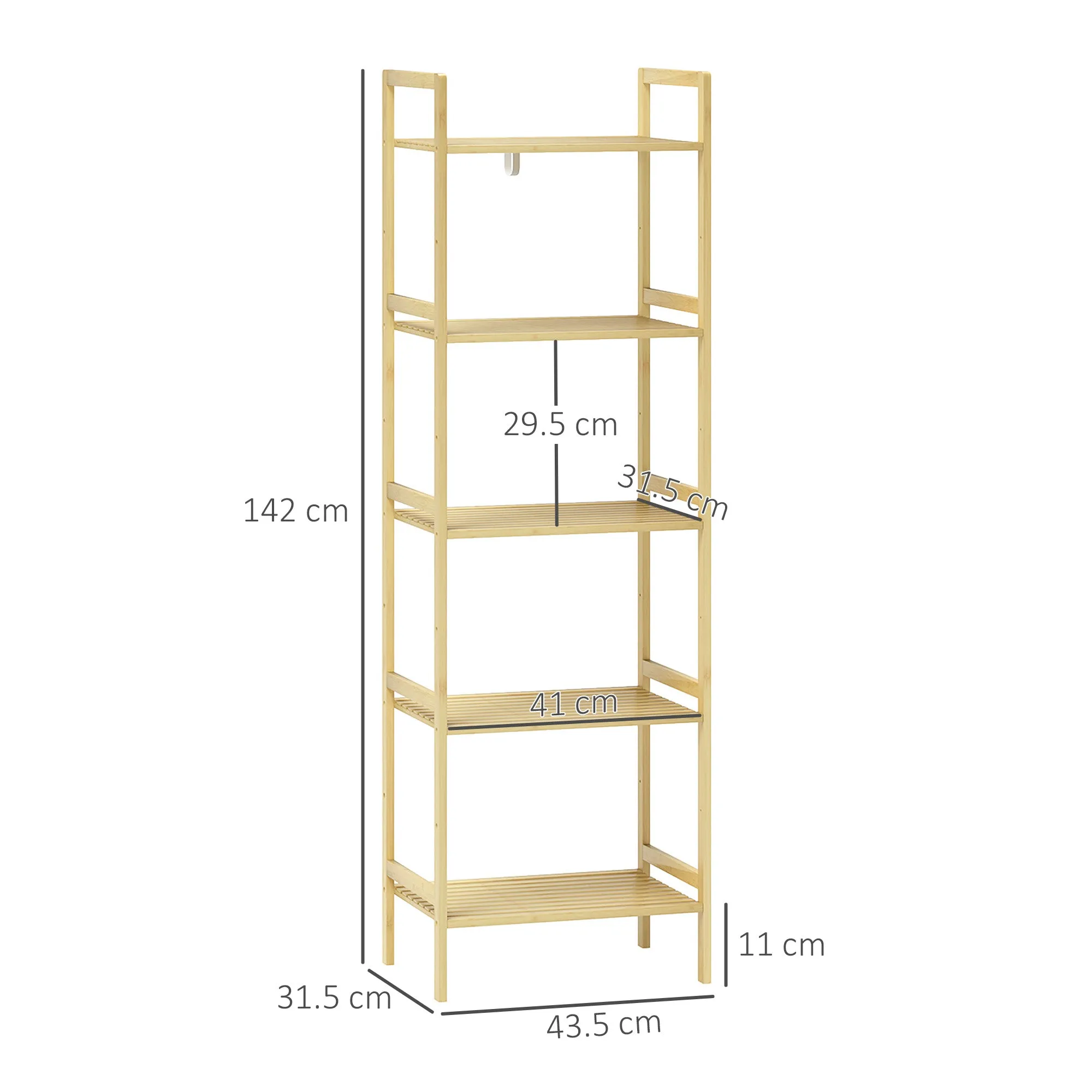 Bathroom Shelf with 5 Height-Adjustable Shelves in Bamboo, 43.5x31.5x142 cm, Natural Wood - Image 3