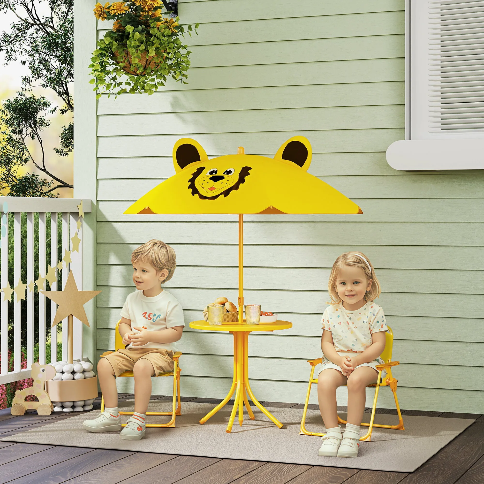 Garden Set for Children 2-5 Years with Round Table, 2 Folding Chairs and a Umbrella, Yellow - Image 2
