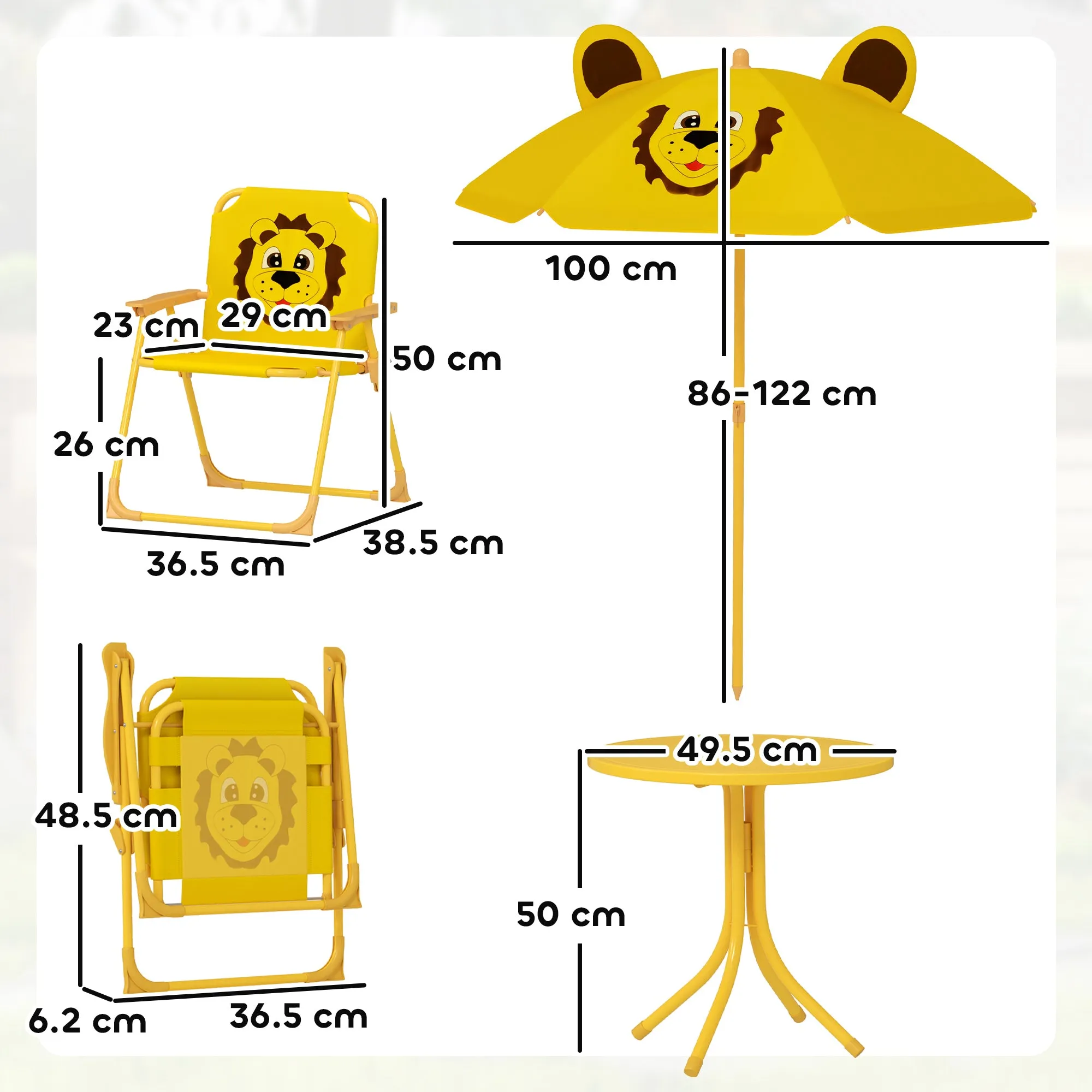 Garden Set for Children 2-5 Years with Round Table, 2 Folding Chairs and a Umbrella, Yellow - Image 3
