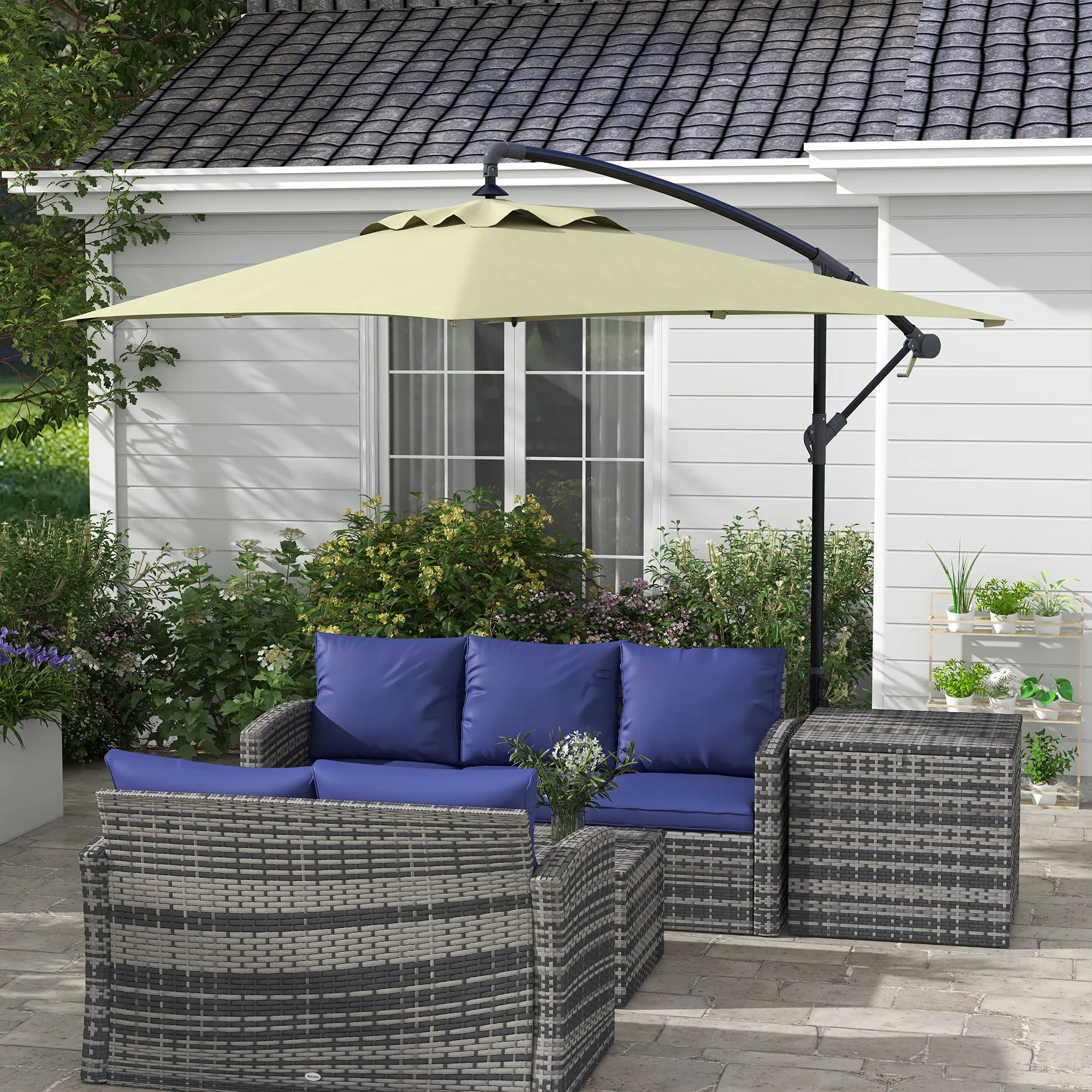 Decentralized Garden Umbrella with Cross Base and Crank Opening, 294x193cm, Beige - Image 2
