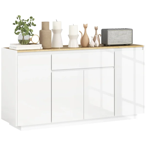 Modern Kitchen Sideboard with Drawer and 3 Cabinets with Adjustable Shelves, 140x40x75 cm, White
