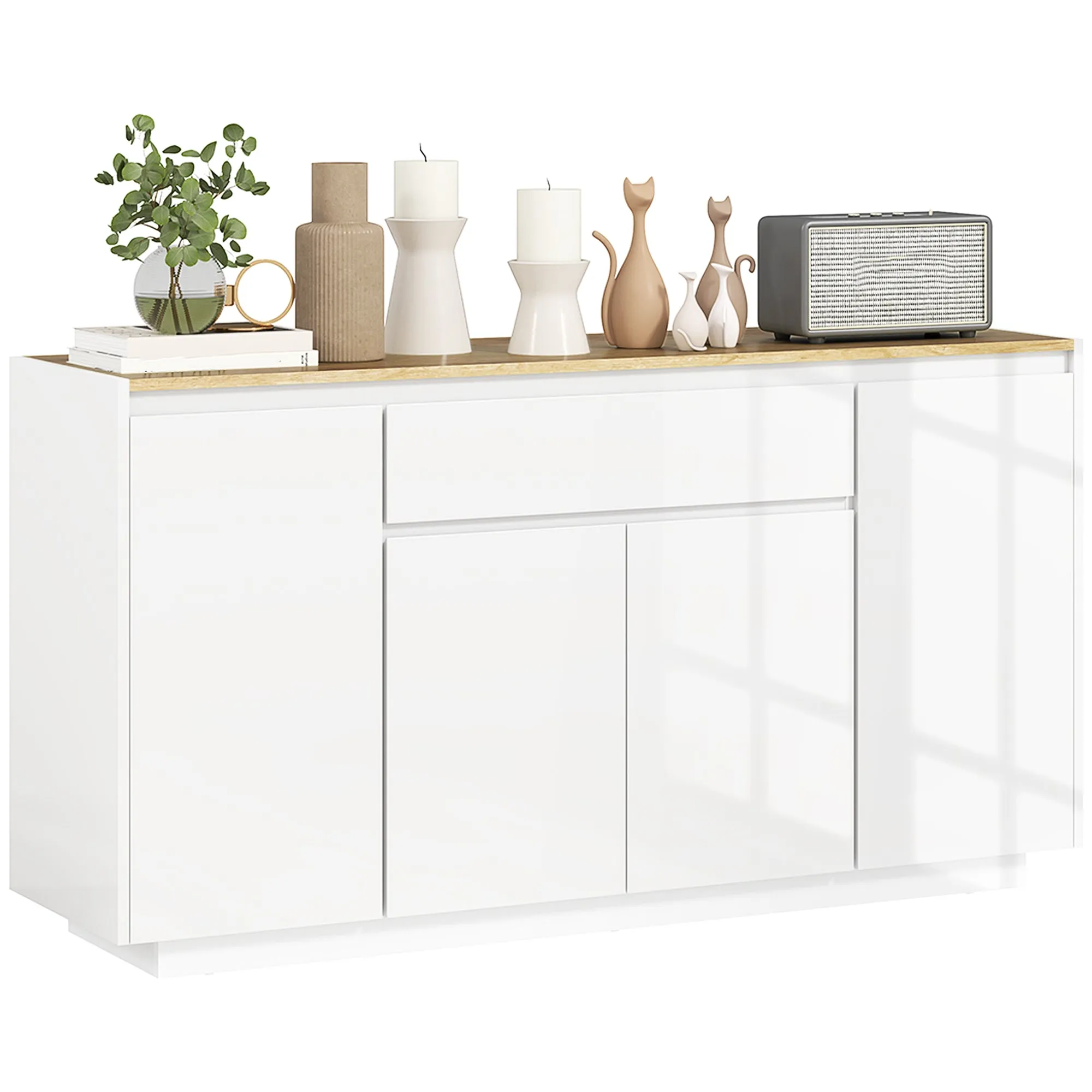 Modern Kitchen Sideboard with Drawer and 3 Cabinets with Adjustable Shelves, 140x40x75 cm, White