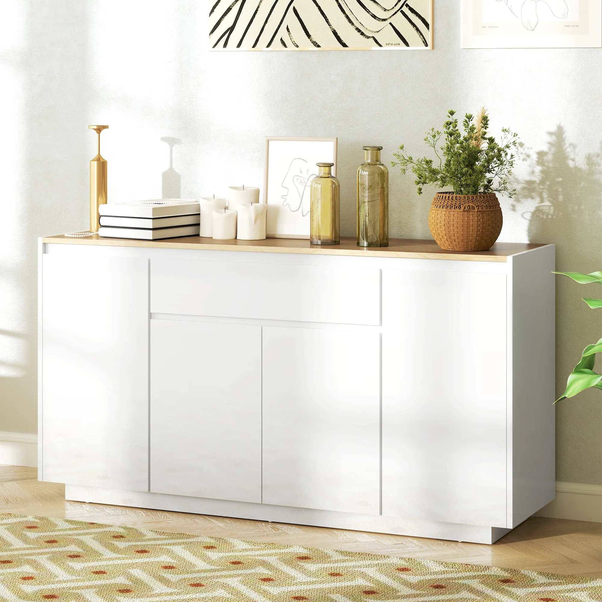 Modern Kitchen Sideboard with Drawer and 3 Cabinets with Adjustable Shelves, 140x40x75 cm, White - Image 2
