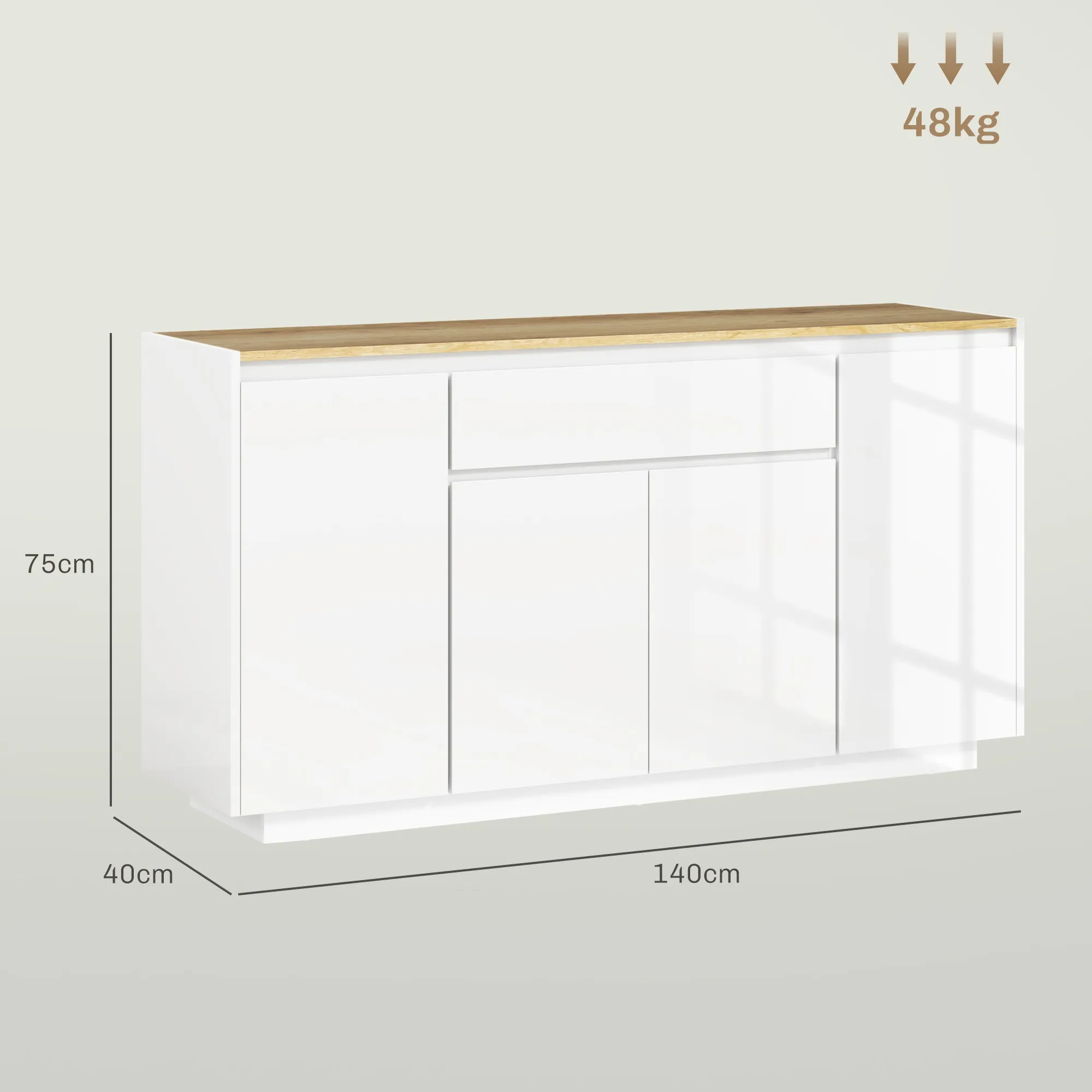 Modern Kitchen Sideboard with Drawer and 3 Cabinets with Adjustable Shelves, 140x40x75 cm, White - Image 3