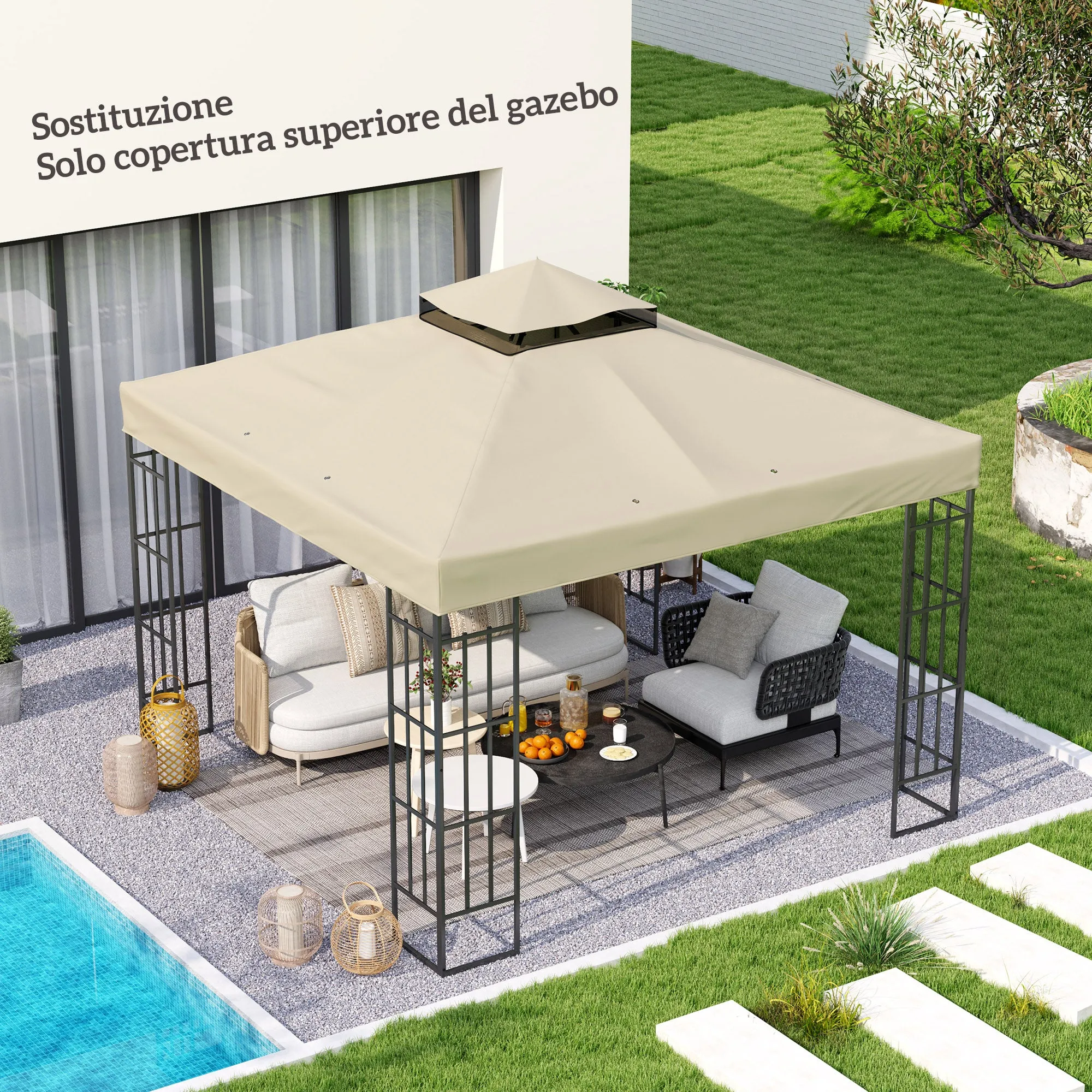 Garden Gazebo Cover 3x3m, 2-Tier UPF30+ Replacement Roof in Polyester, Cream - Image 2