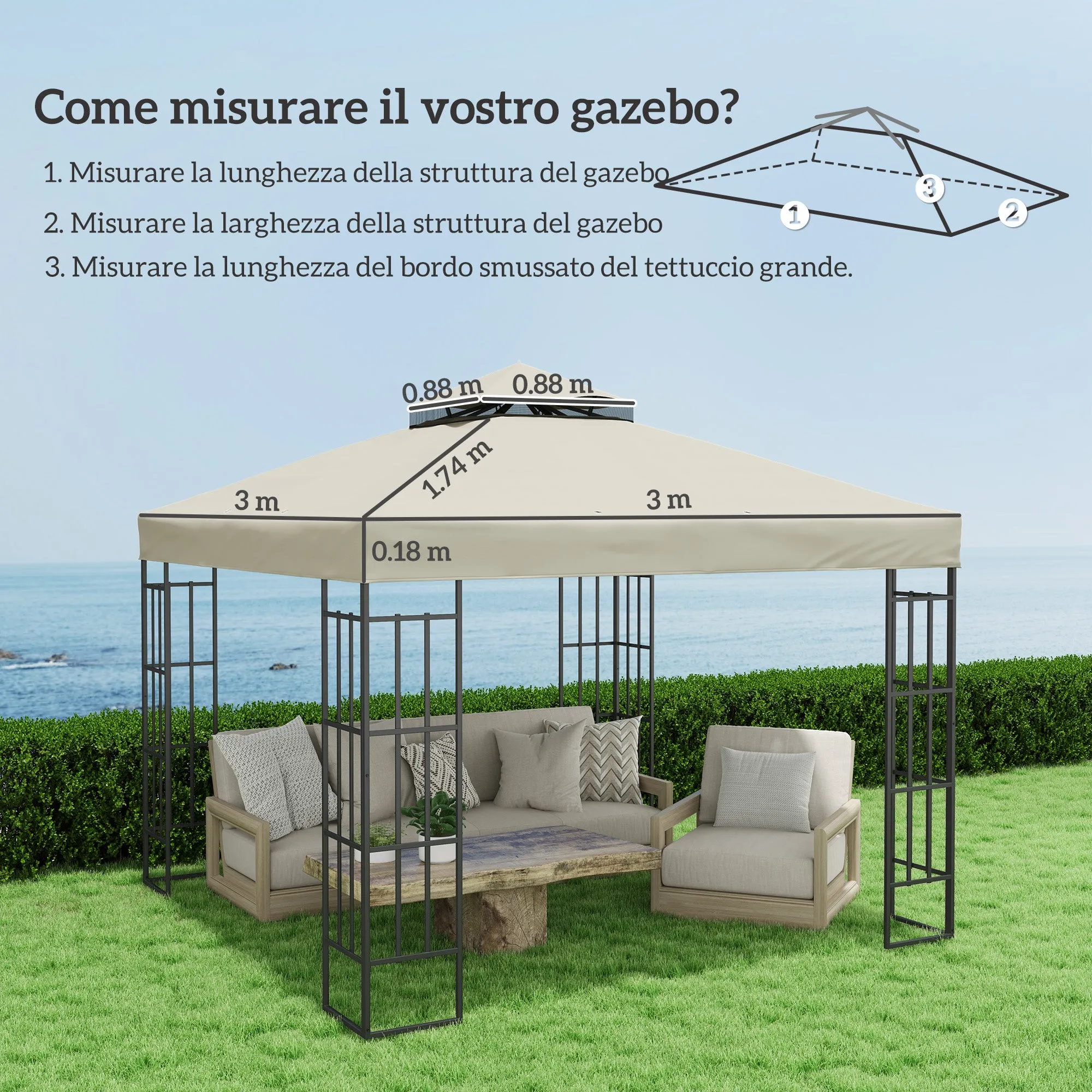 Garden Gazebo Cover 3x3m, 2-Tier UPF30+ Replacement Roof in Polyester, Cream - Image 3