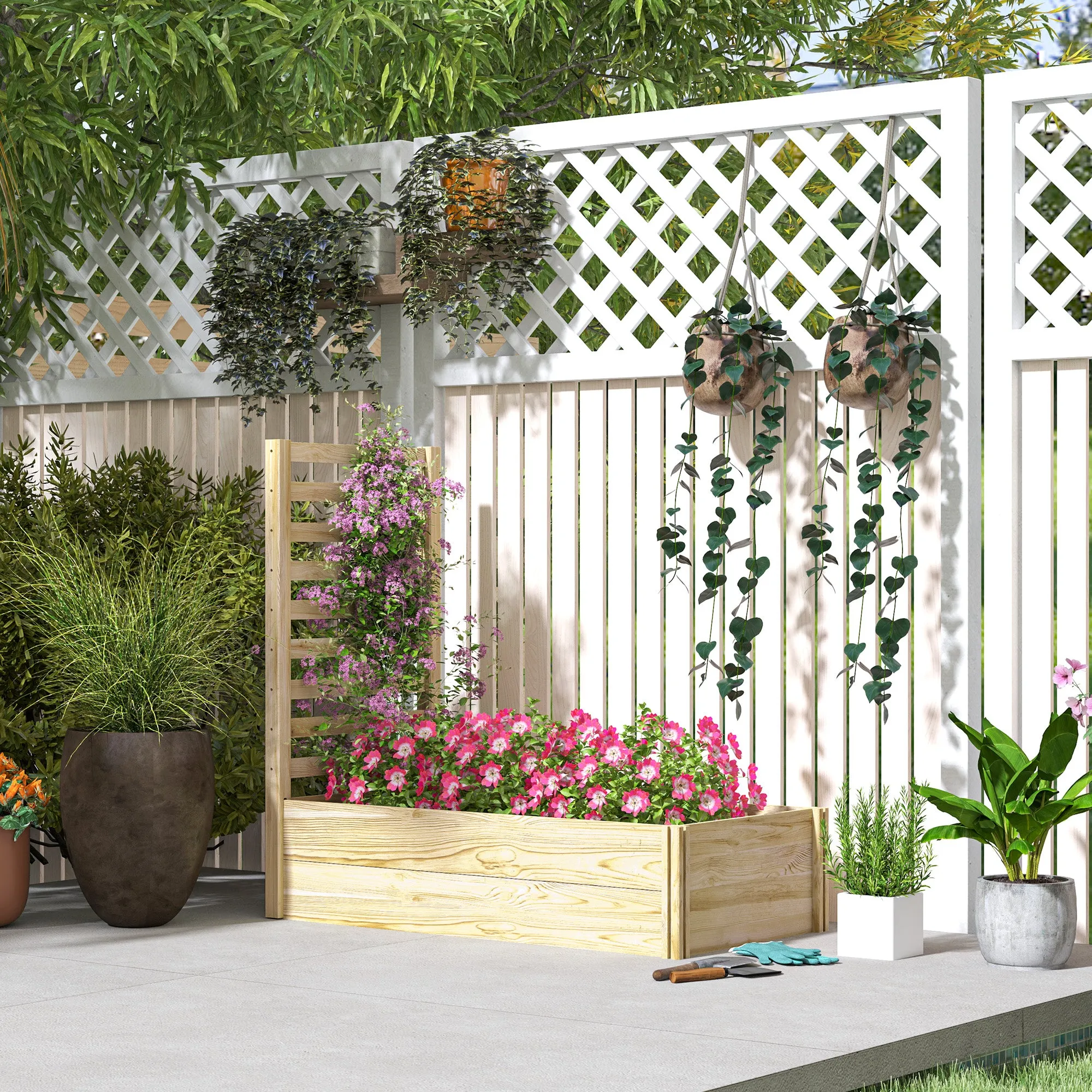 Planter with Trellis for Climbing and Open Bottom, in Fir Wood, 115x60x110 cm, Wood color - Image 2