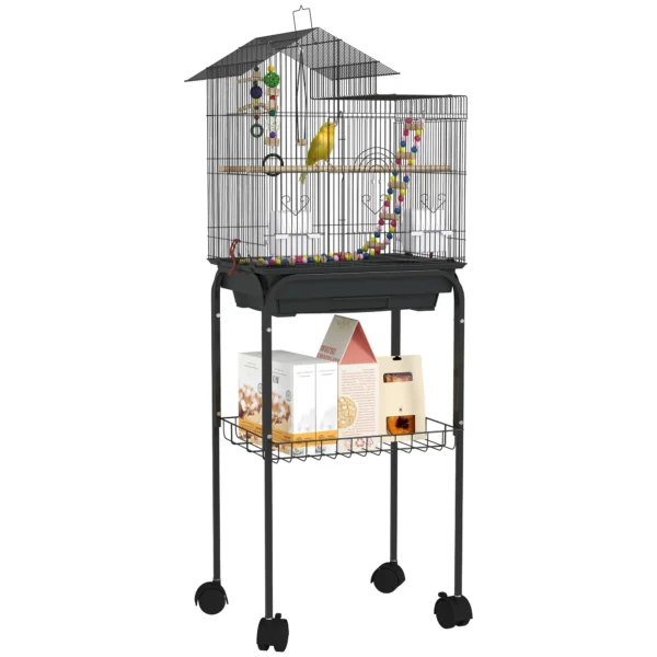 Bird Cage with Pedestal, Swivel Wheels, Shelf and Accessories, 46x36x120 cm, Black