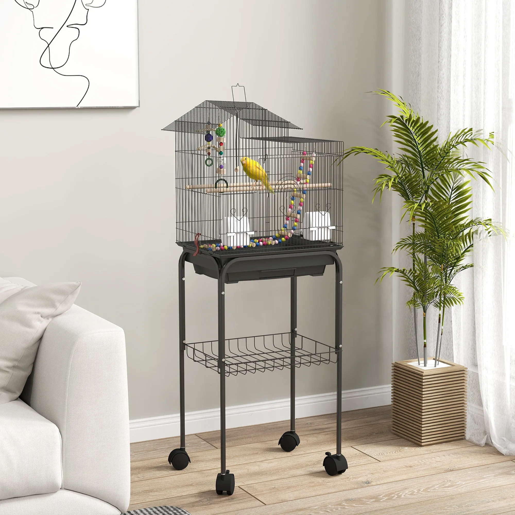 Bird Cage with Pedestal, Swivel Wheels, Shelf and Accessories, 46x36x120 cm, Black - Image 2