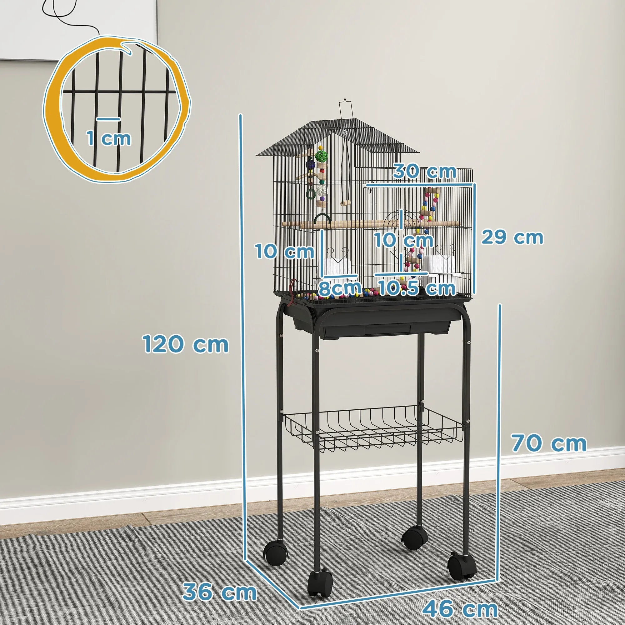 Bird Cage with Pedestal, Swivel Wheels, Shelf and Accessories, 46x36x120 cm, Black - Image 3