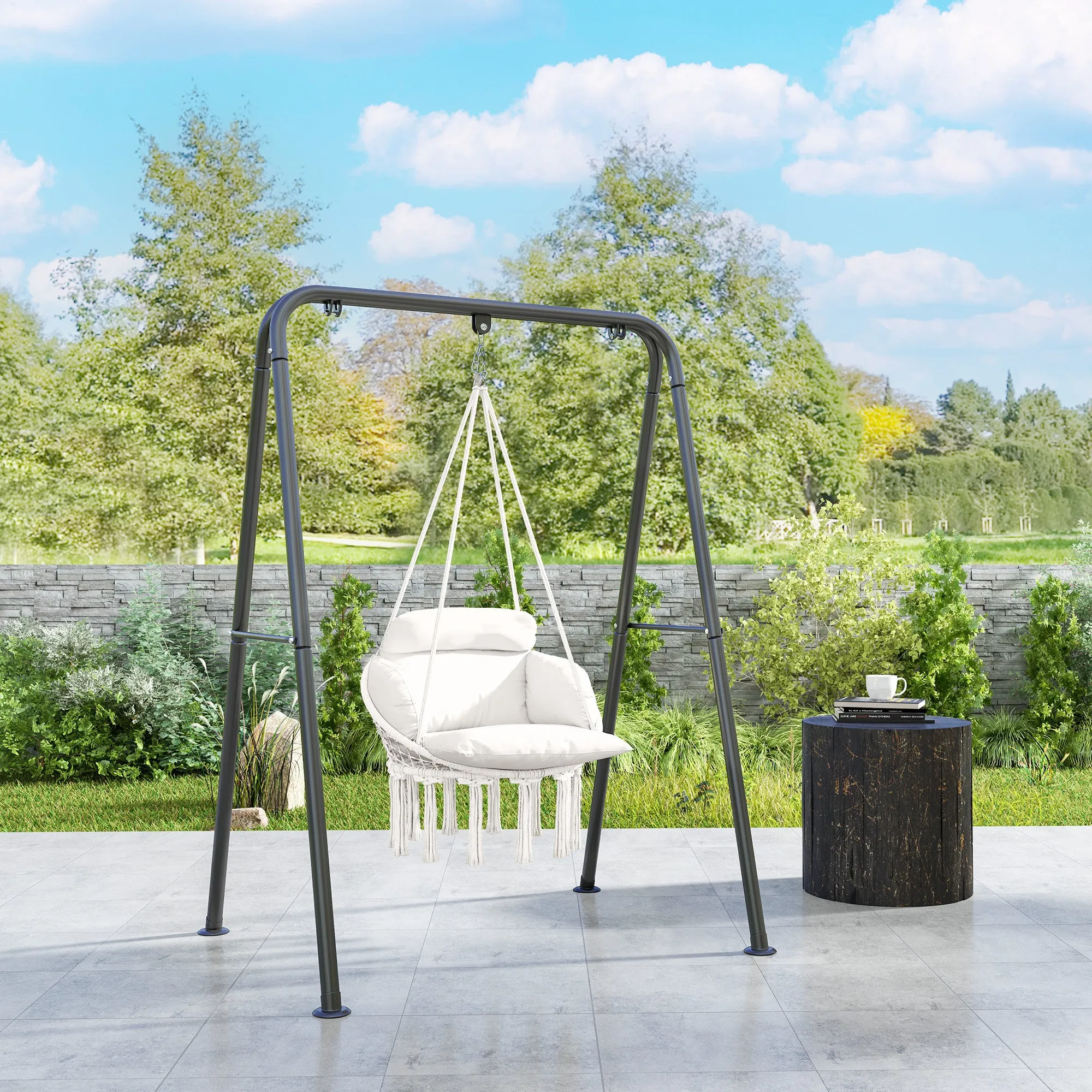 Boho Style Hanging Armchair with Cushion, in Steel, Cotton and Polyester, 80x60x40 cm, Cream White - Image 2