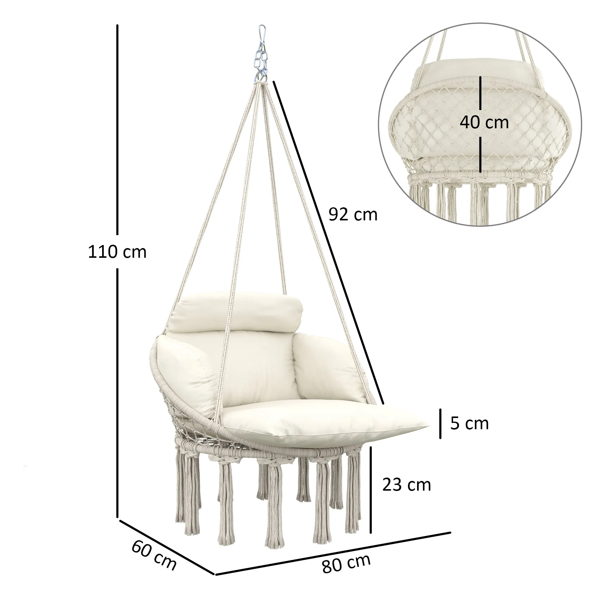 Boho Style Hanging Armchair with Cushion, in Steel, Cotton and Polyester, 80x60x40 cm, Cream White - Image 3