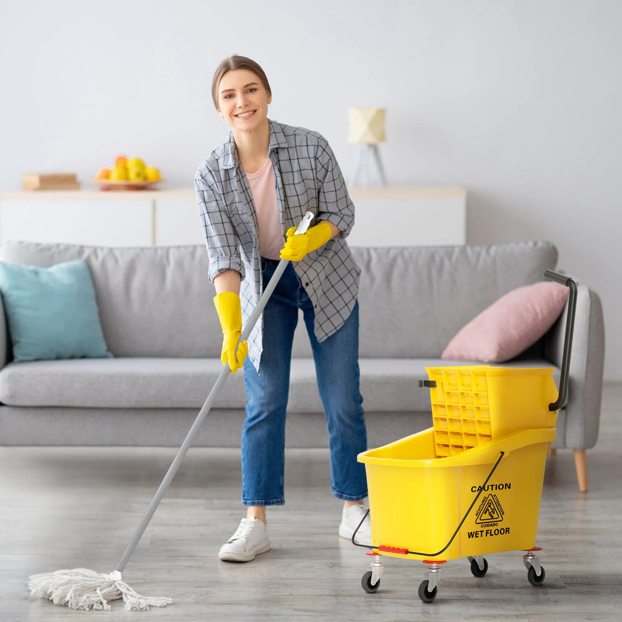 Professional 36L Mop Bucket with Mop, Wringer, Wheels and Handle, 55x37x65 cm, Yellow - Image 2