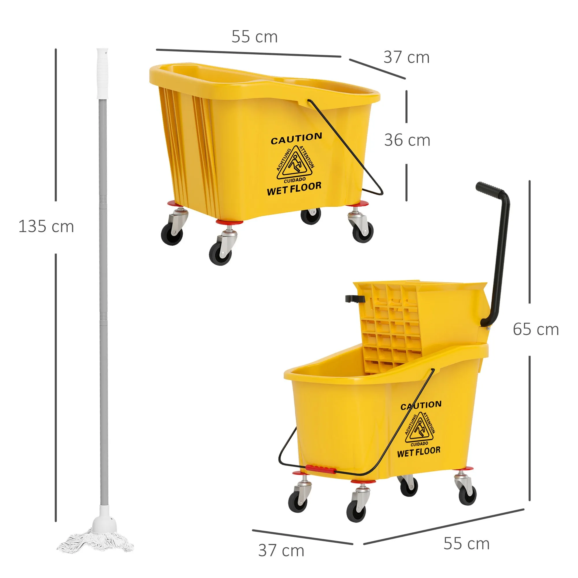 Professional 36L Mop Bucket with Mop, Wringer, Wheels and Handle, 55x37x65 cm, Yellow - Image 3