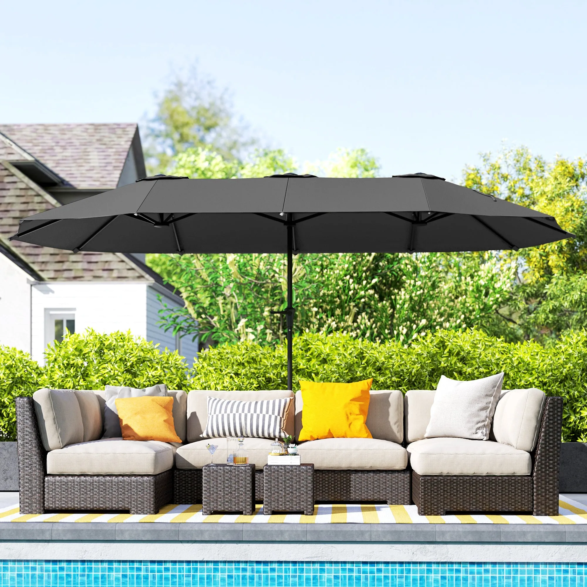 Double Umbrella with Air Vents and Crank, in Metal and Polyester, 4x2.2x2.34 m, Black and Dark Gray - Image 2