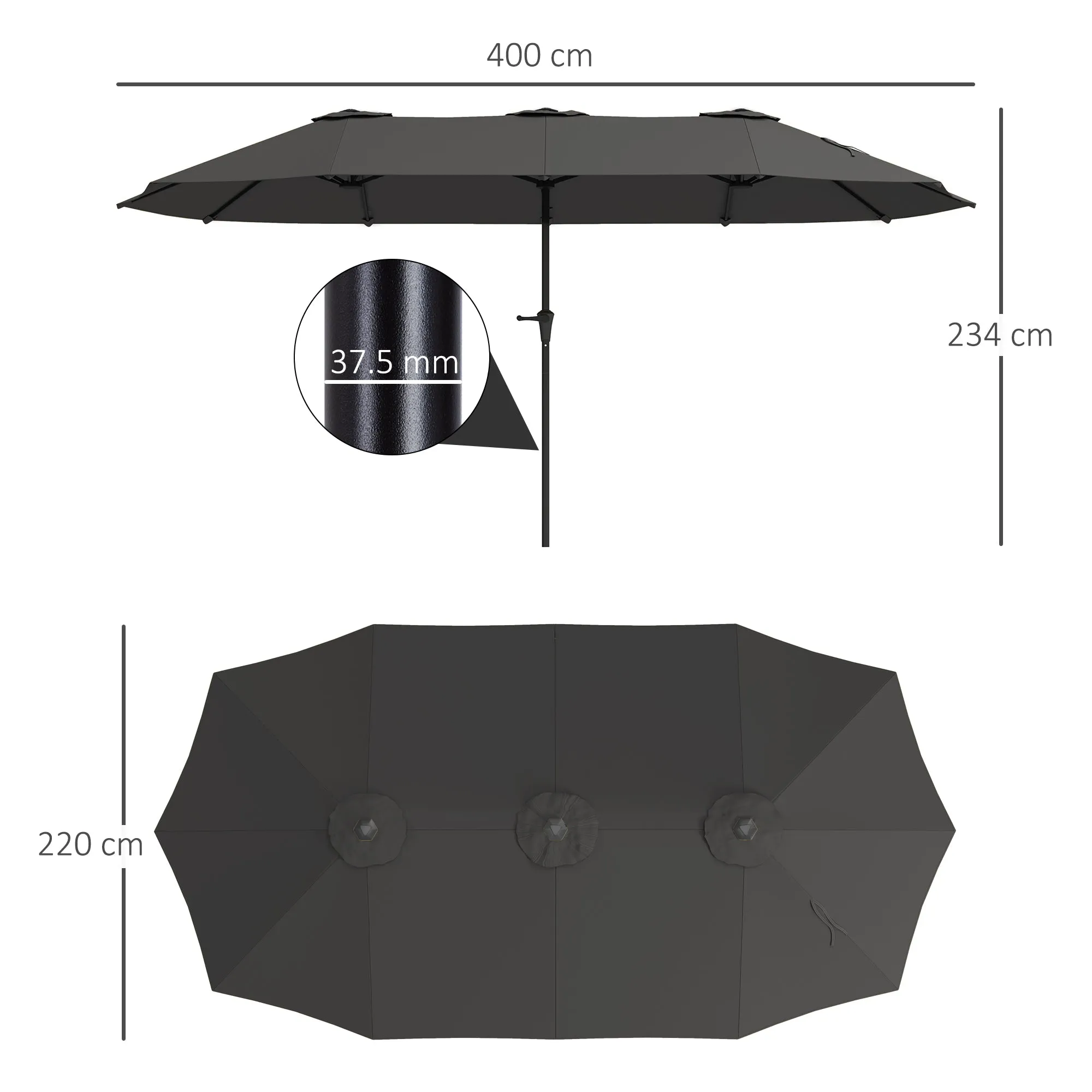 Double Umbrella with Air Vents and Crank, in Metal and Polyester, 4x2.2x2.34 m, Black and Dark Gray - Image 3