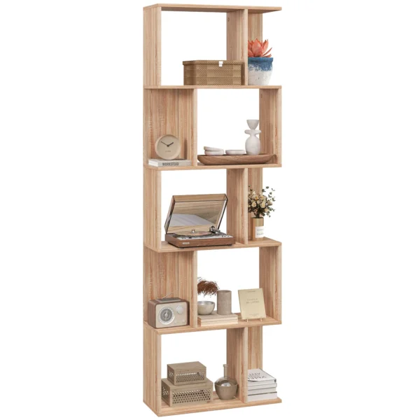 Wooden Bookcase Cabinet with 5 Shelves with Divider, 60x24x184.5 cm, Wood Color