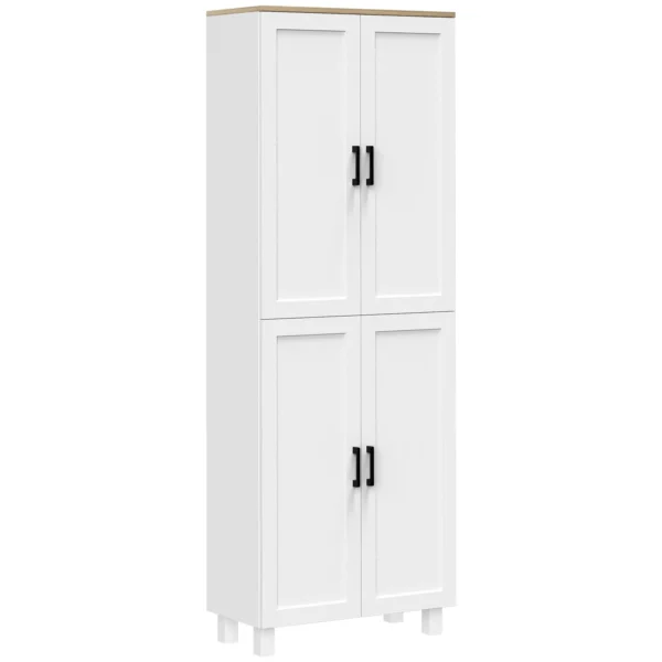 Wooden Kitchen Pantry Cabinet with 5 Adjustable Shelves and 4 Doors, 60x30x170.5 cm, White and Wood Color