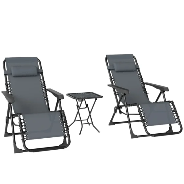 Set of 2 Folding Zero Gravity Deck Chairs with Adjustable Backrest and Table, Gray