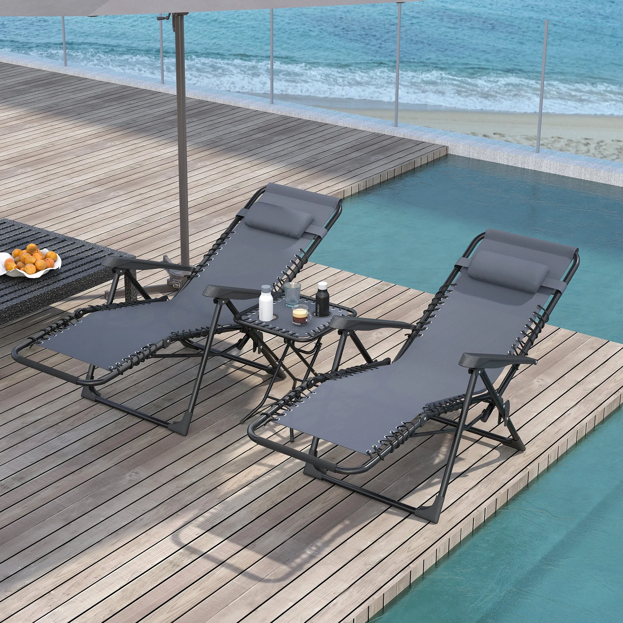 Set of 2 Folding Zero Gravity Deck Chairs with Adjustable Backrest and Table, Gray - Image 2