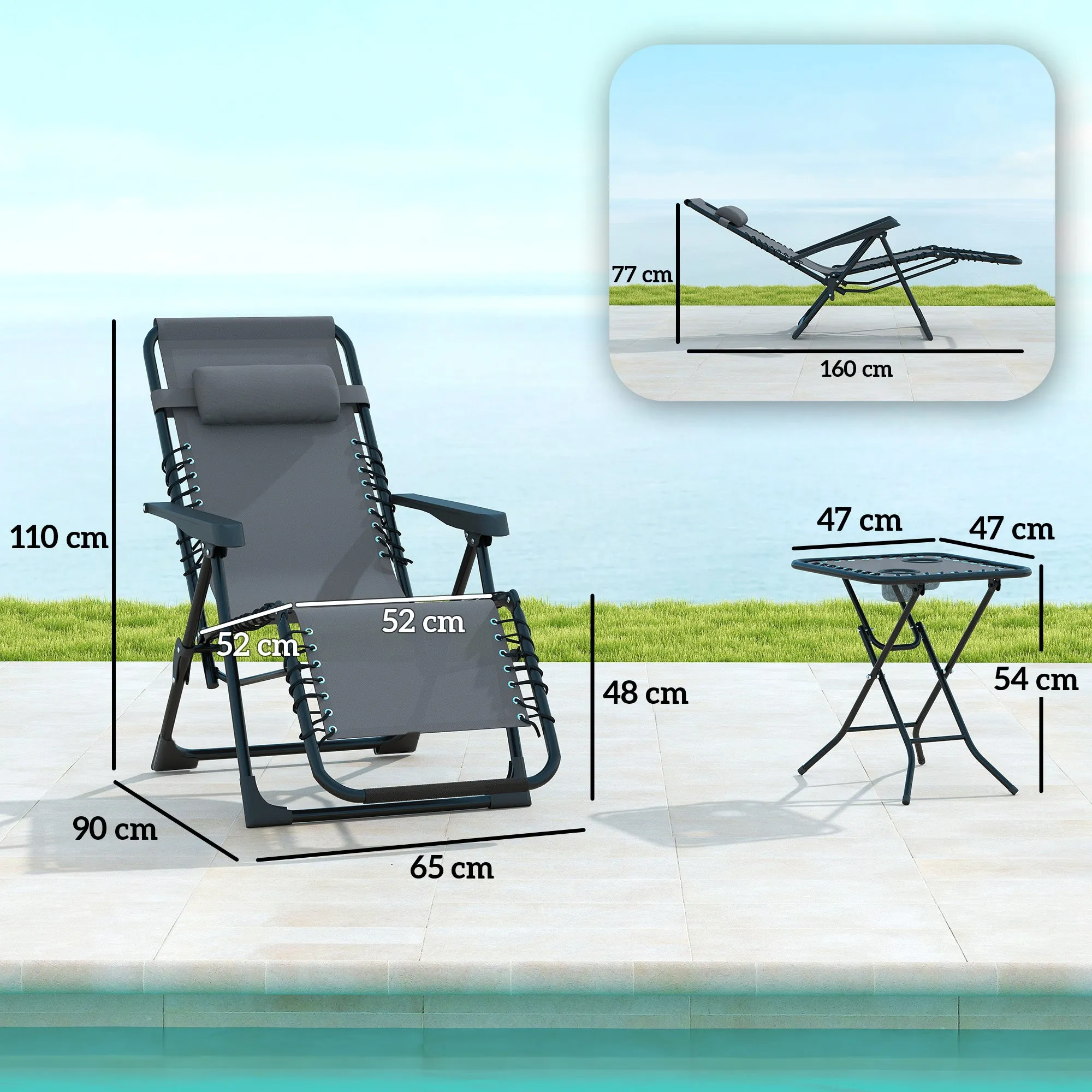 Set of 2 Folding Zero Gravity Deck Chairs with Adjustable Backrest and Table, Gray - Image 3