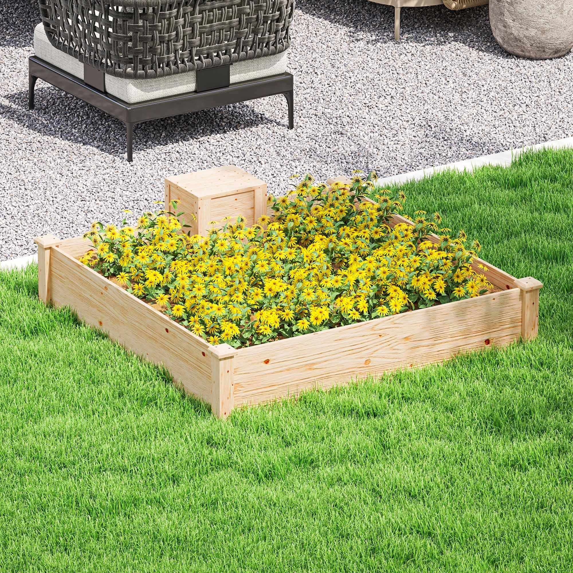 Outdoor Planter in Fir Wood with Composter and Open Bottom, 123x123x25.5 cm, Wood color - Image 2