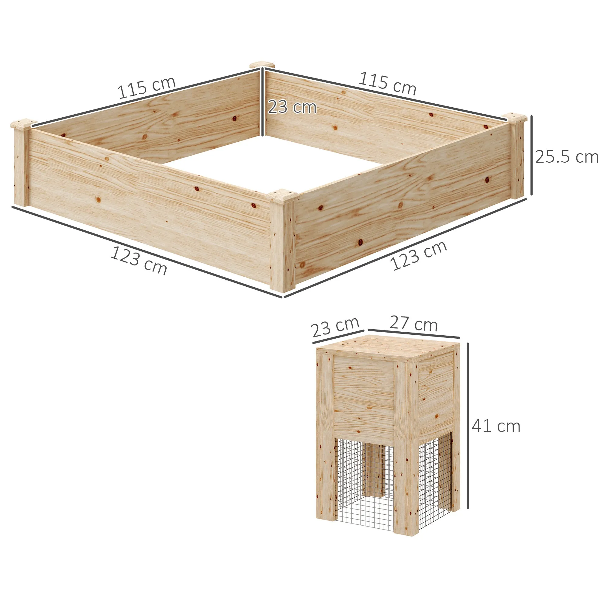 Outdoor Planter in Fir Wood with Composter and Open Bottom, 123x123x25.5 cm, Wood color - Image 3