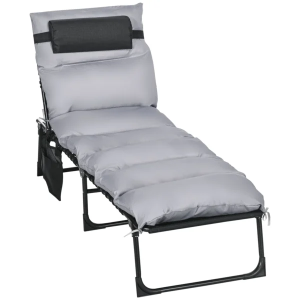 Folding Sun Lounger with Cushion, Headrest and Side Pocket, 58x189x32.5 cm, Light Gray