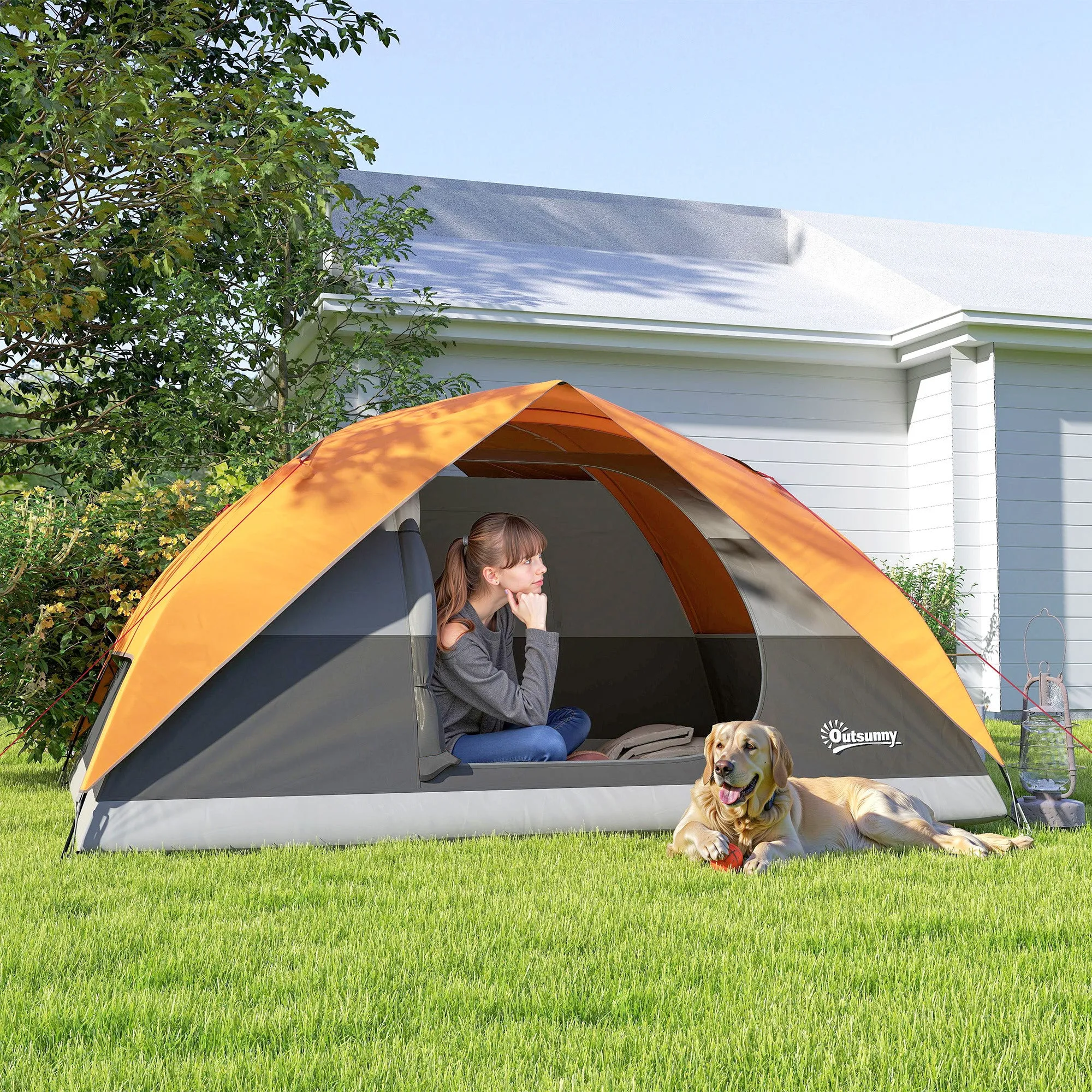 Waterproof 3-Person Camping Tent with Pockets, Lantern Hook and Carry Bag, Orange - Image 2