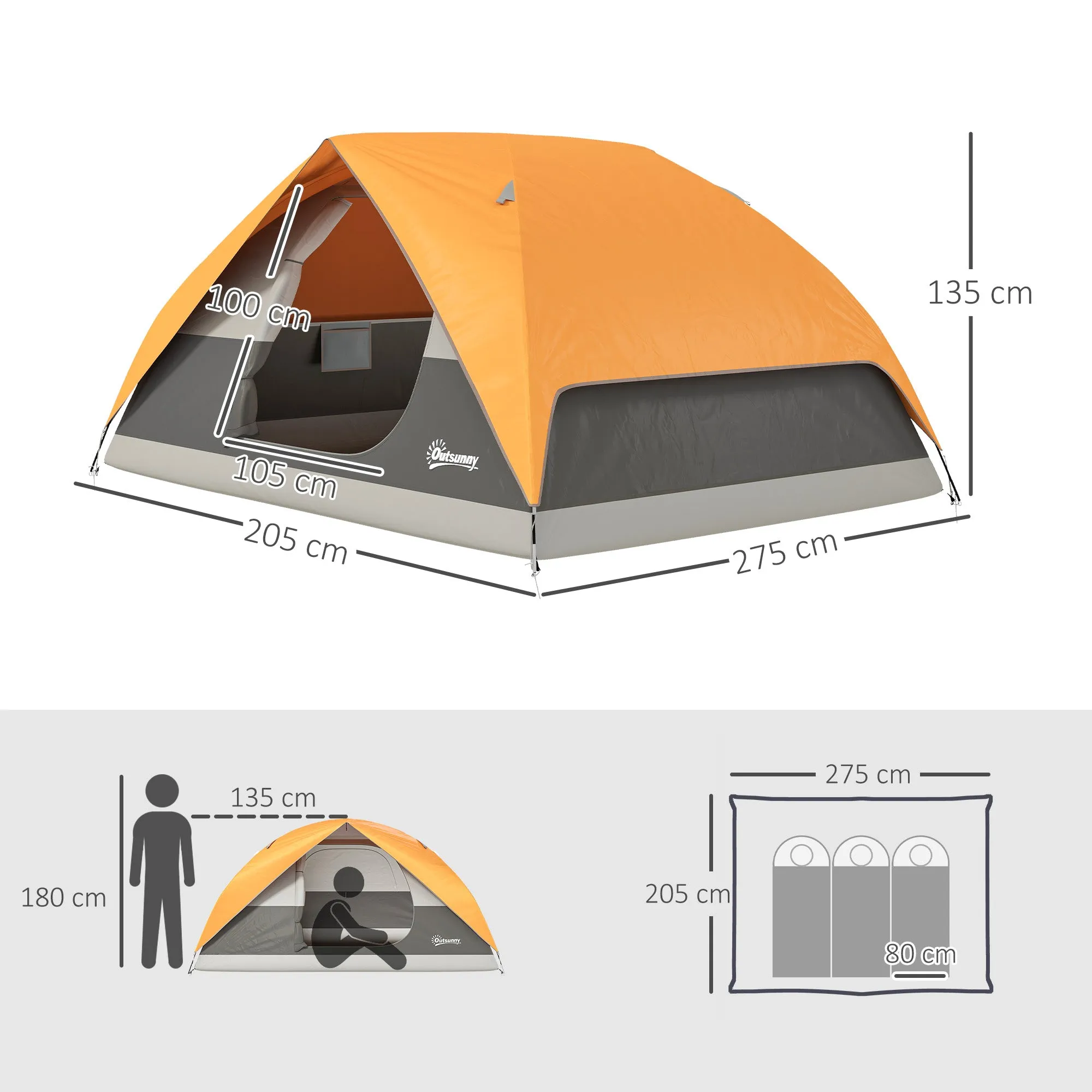 Waterproof 3-Person Camping Tent with Pockets, Lantern Hook and Carry Bag, Orange - Image 3