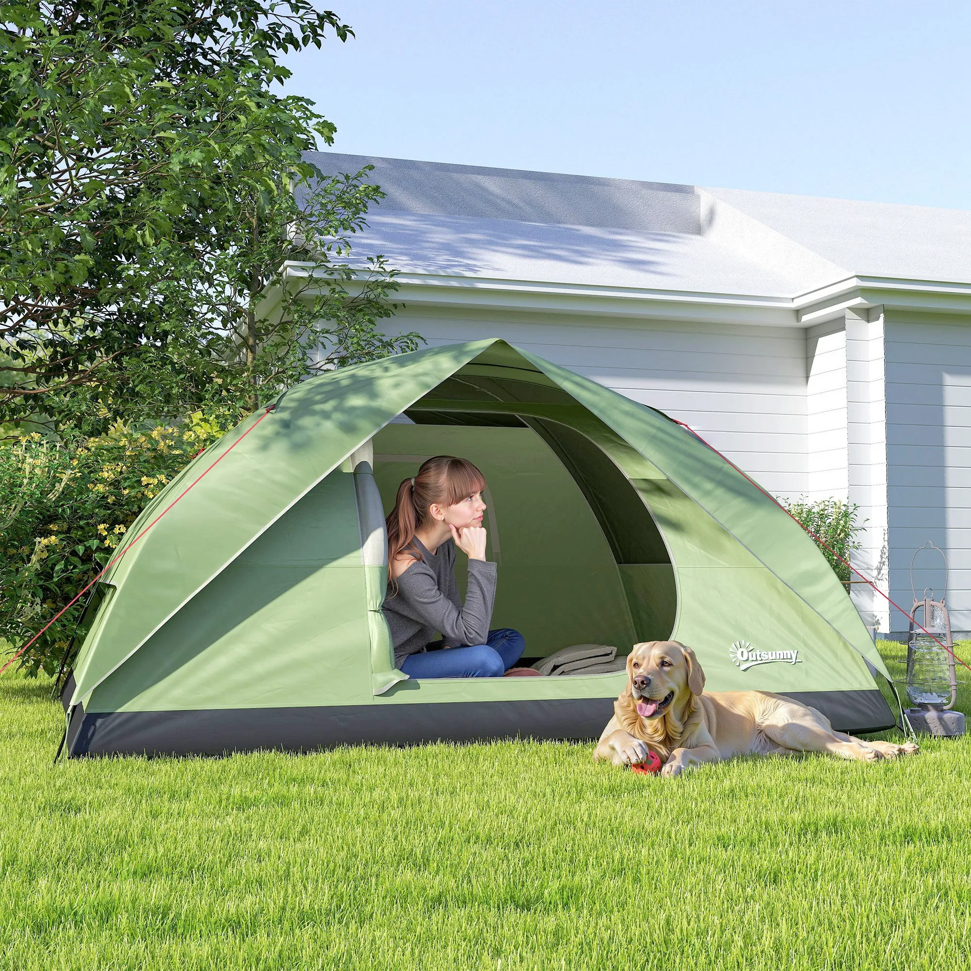 Waterproof 3-Person Camping Tent with Pockets, Lantern Hook and Carry Bag, Green - Image 2