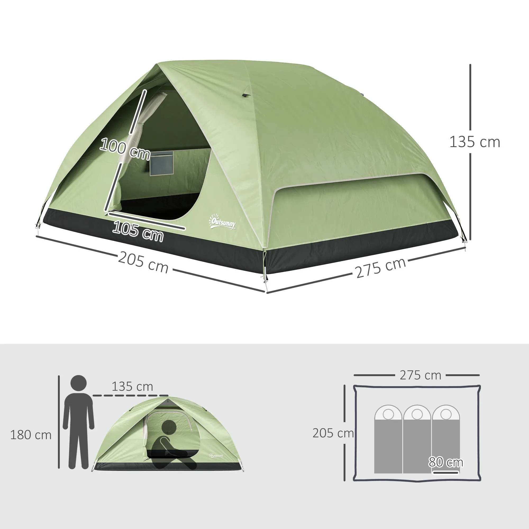 Waterproof 3-Person Camping Tent with Pockets, Lantern Hook and Carry Bag, Green - Image 3