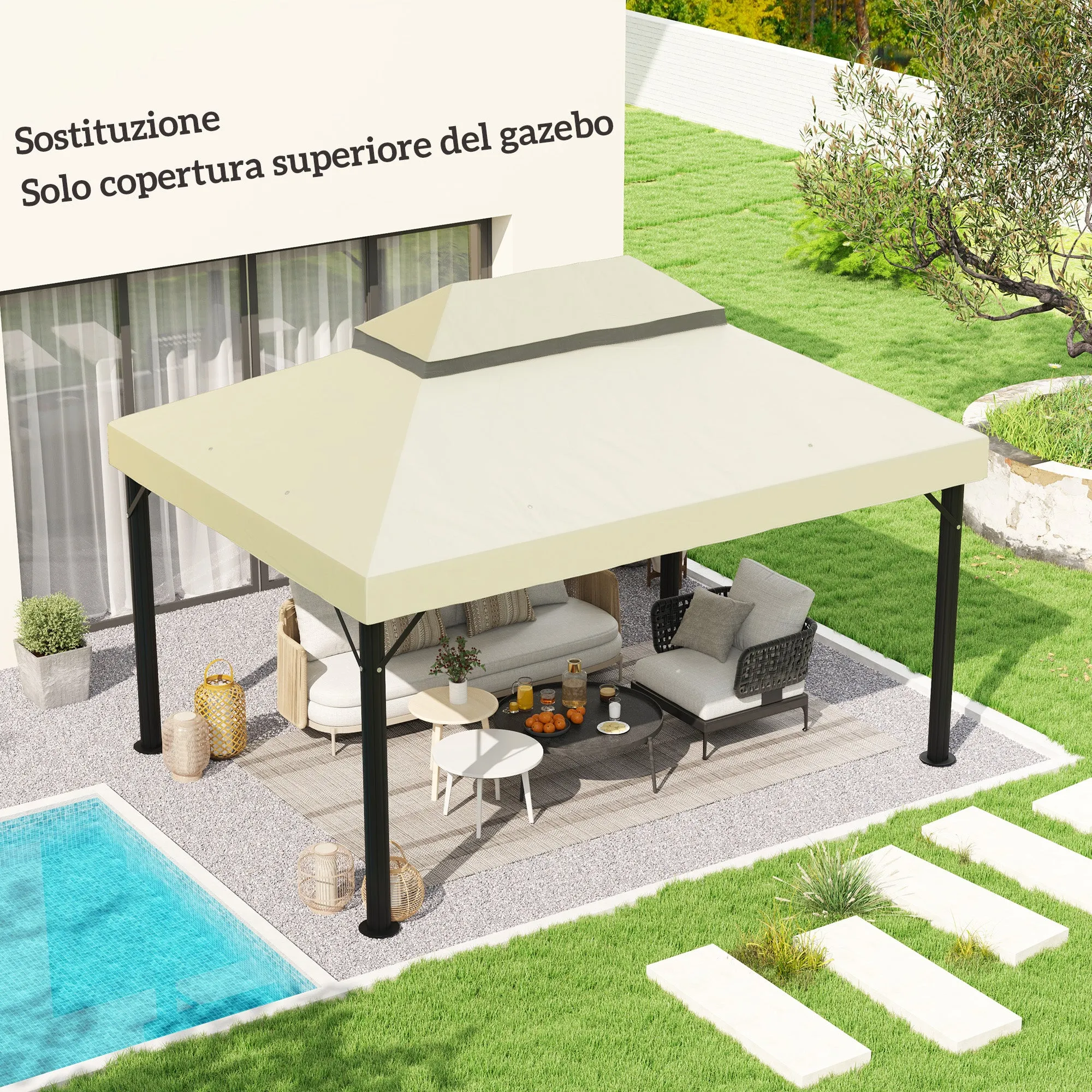 3x4m 2 Tier 600D Oxford Fabric Garden Gazebo Cover with Drainage Holes, Cream White - Image 2