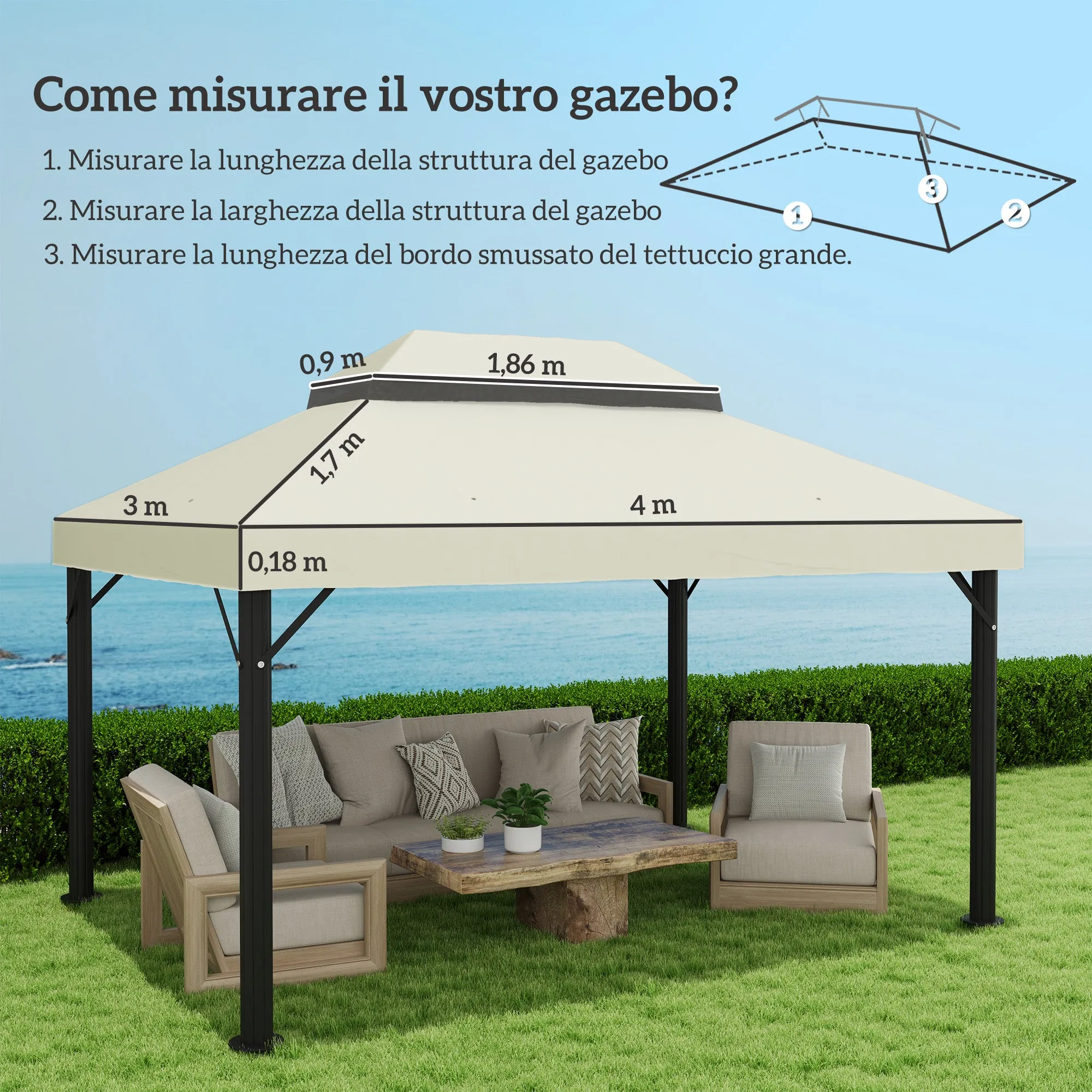 3x4m 2 Tier 600D Oxford Fabric Garden Gazebo Cover with Drainage Holes, Cream White - Image 3