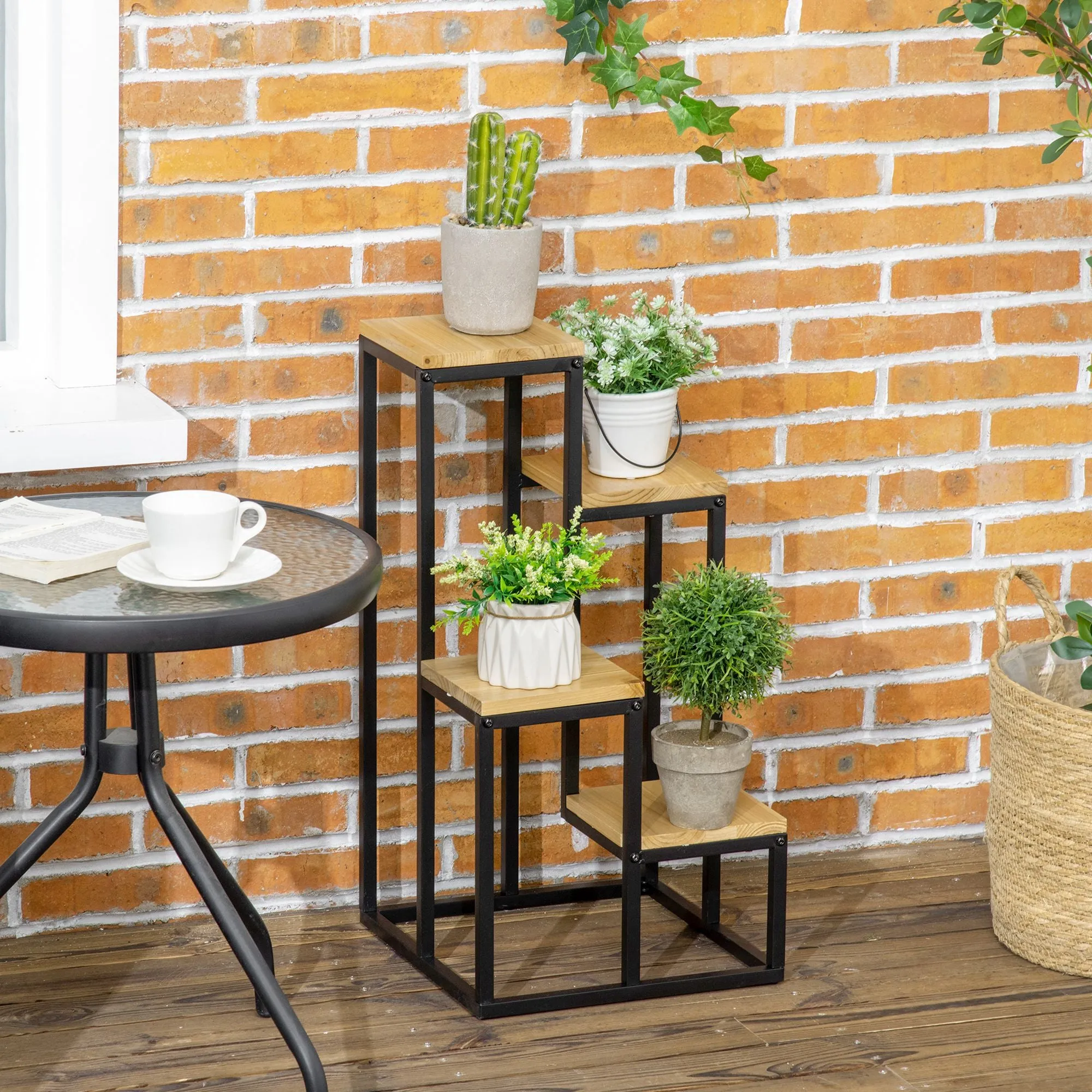 4-Tier Metal and Wood Plant Shelf for Indoor and Outdoor, 34x34x66cm - Image 2