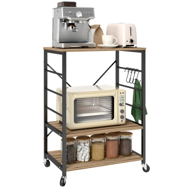 Industrial Style 3-Tier Kitchen Shelf with Wheels and 4 Hooks, Steel Structure, 60x40x84 cm, Teak