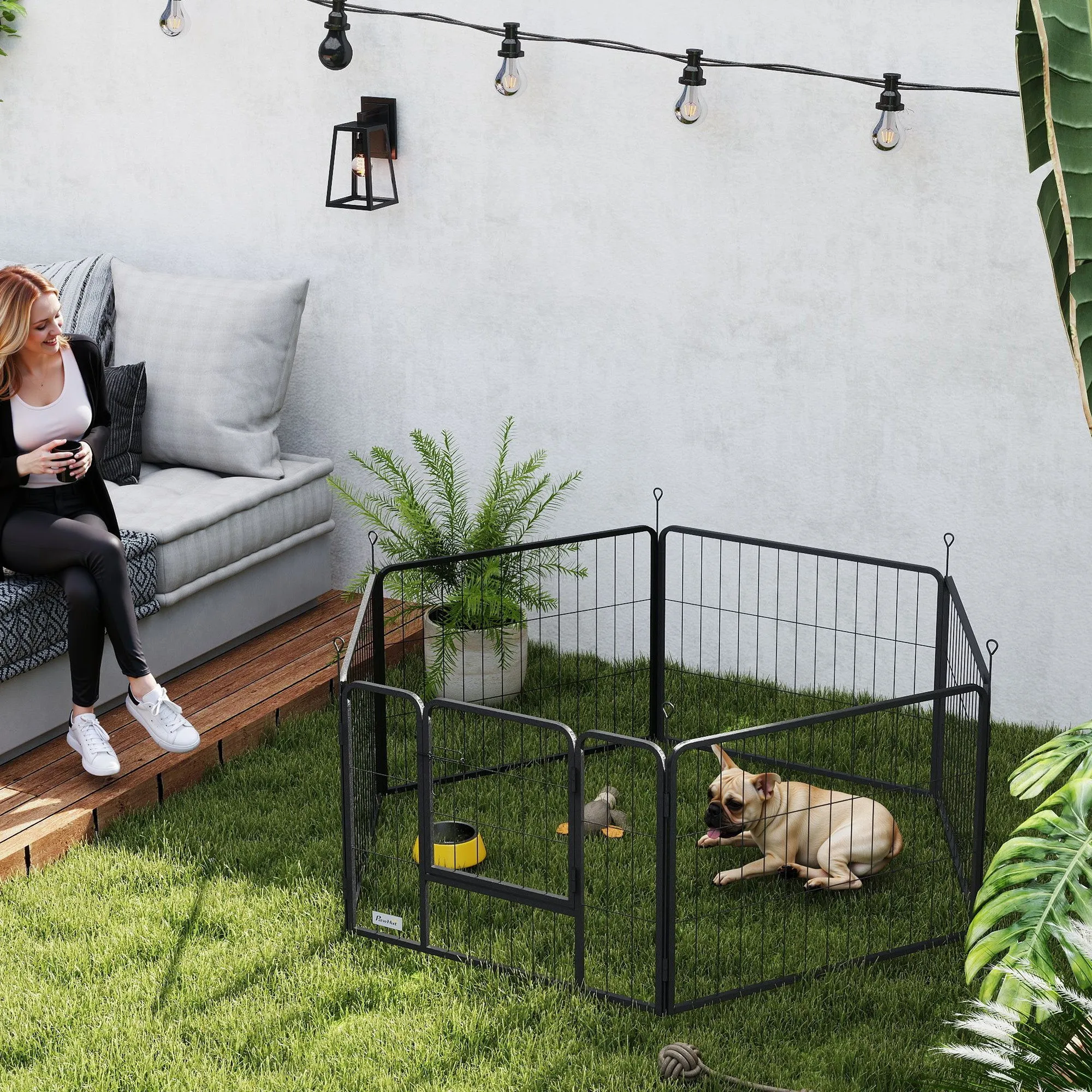 Dog Fence with 6 Modular Panels 80x1.5x60 cm in Black Steel with Entrance Door - Image 2