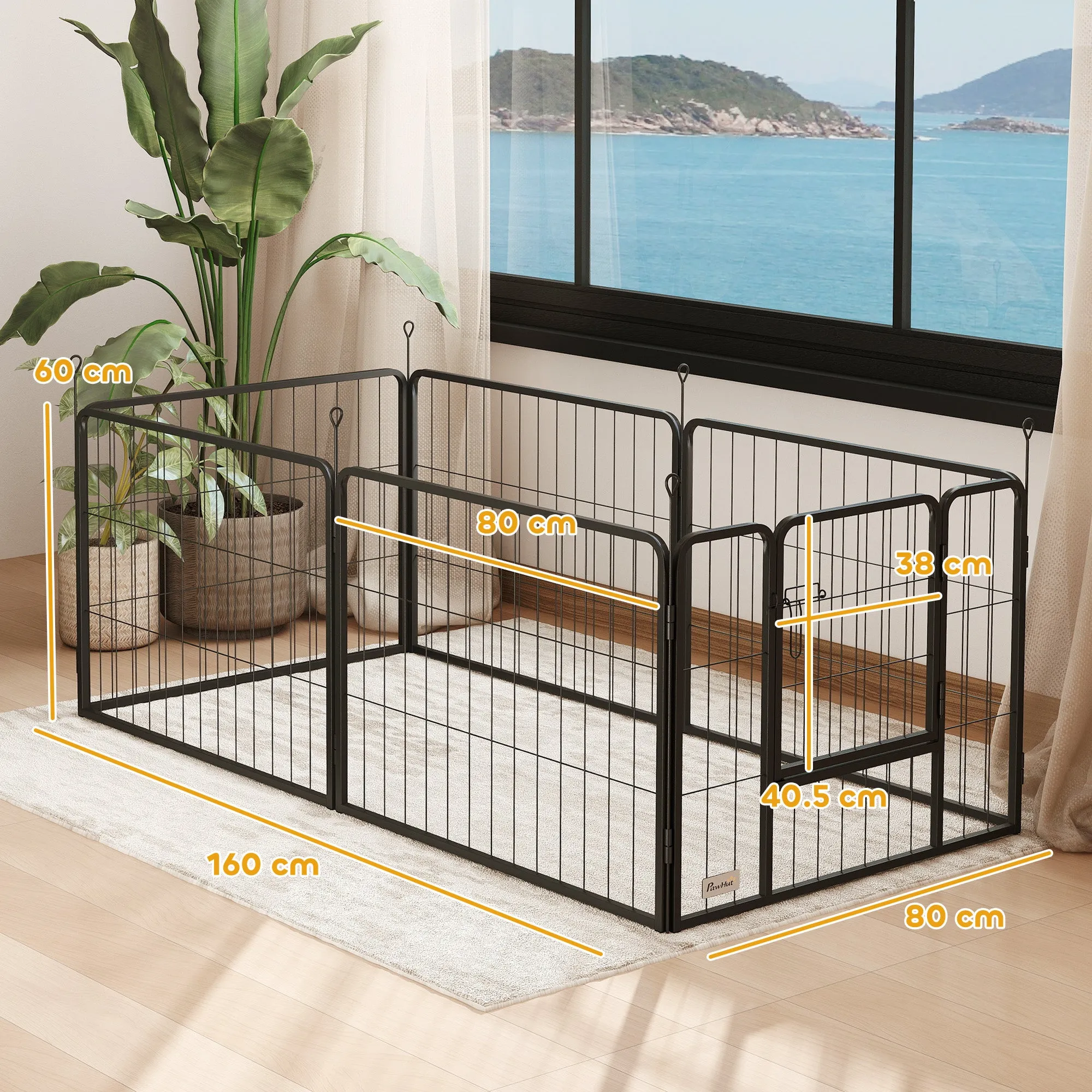 Dog Fence with 6 Modular Panels 80x1.5x60 cm in Black Steel with Entrance Door - Image 3